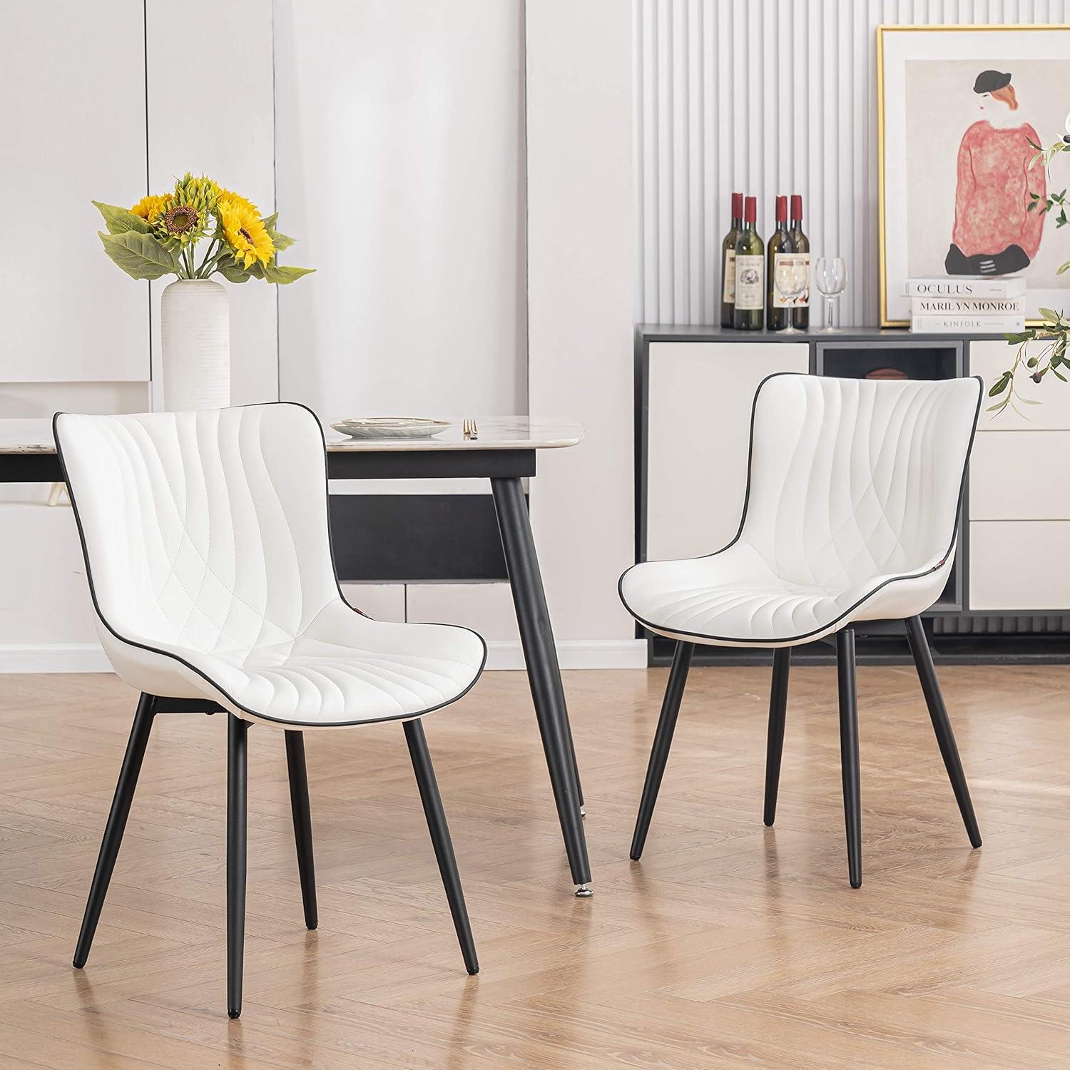 Modern Upholstered Leather Armless Dining Chairs Set of 2 White