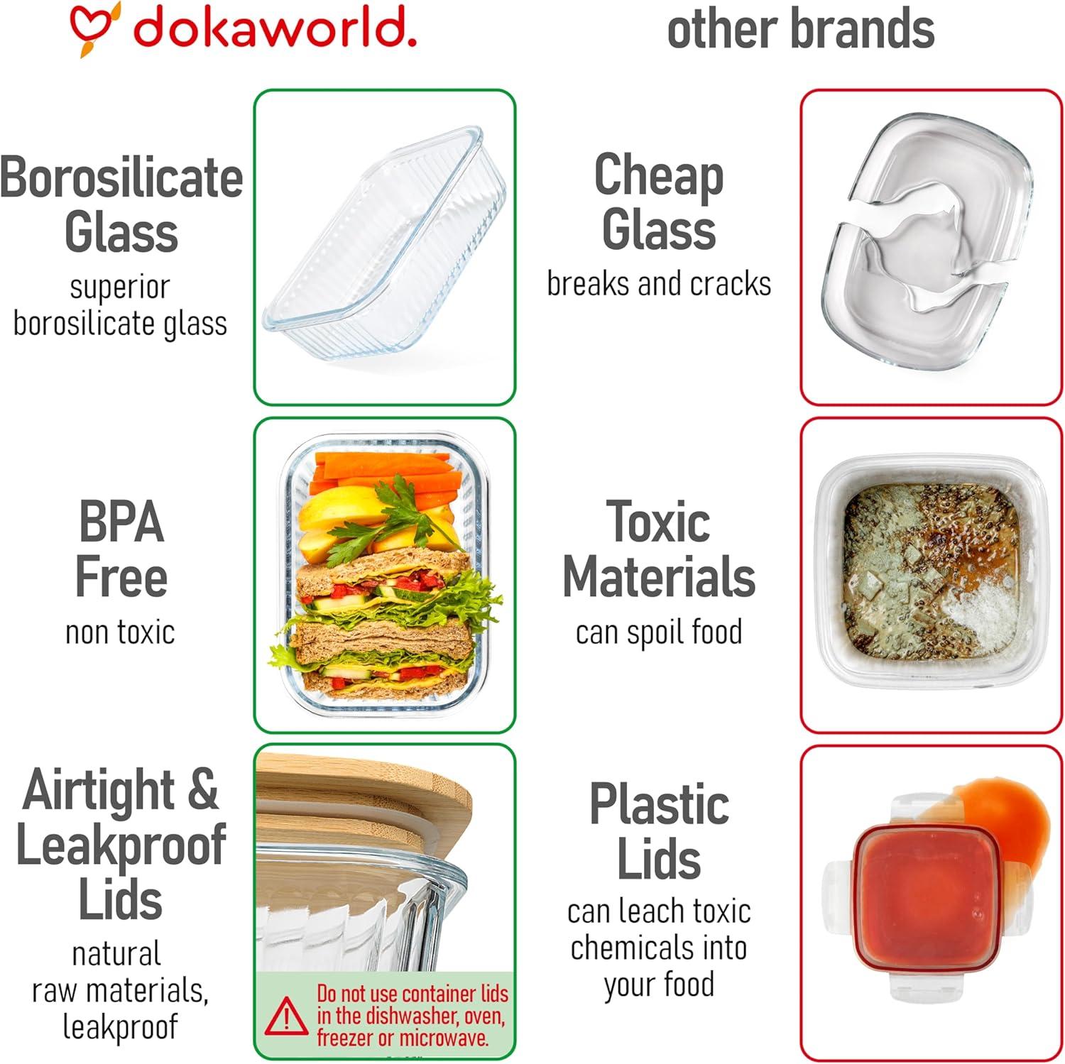 Amber Glass Meal Prep Containers with Acacia Lids, Set of 4