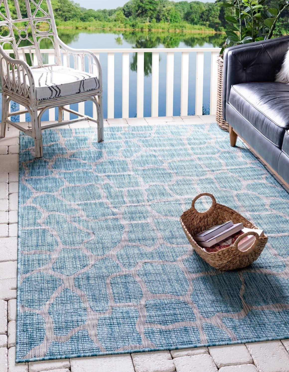 Aqua Blue Abstract Low Pile Indoor/Outdoor Area Rug