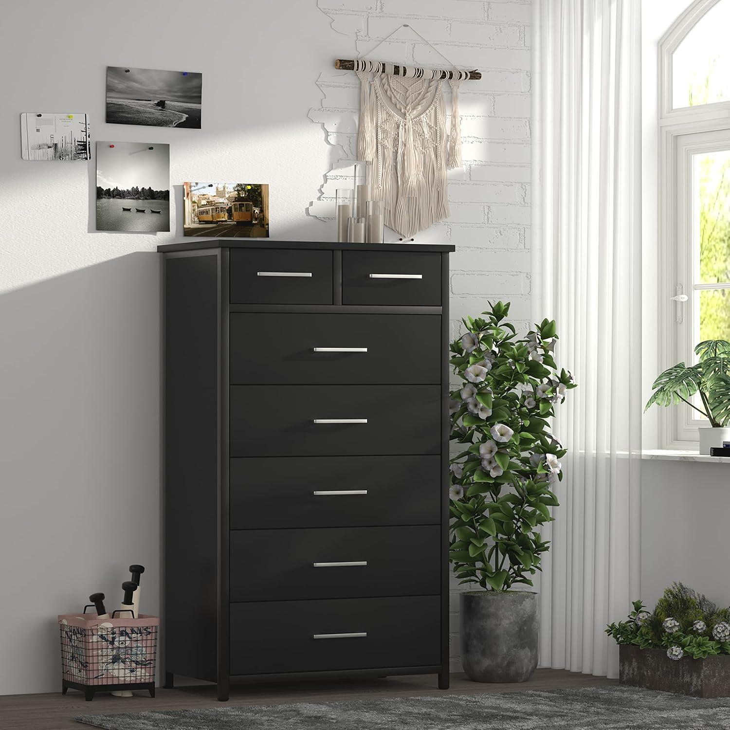 IKENO 7 Drawer Dresser, Industrial Wood Storage Dressers & Chests of Drawers with Sturdy Steel Frame, Storage Dresser for Bedroom Wood