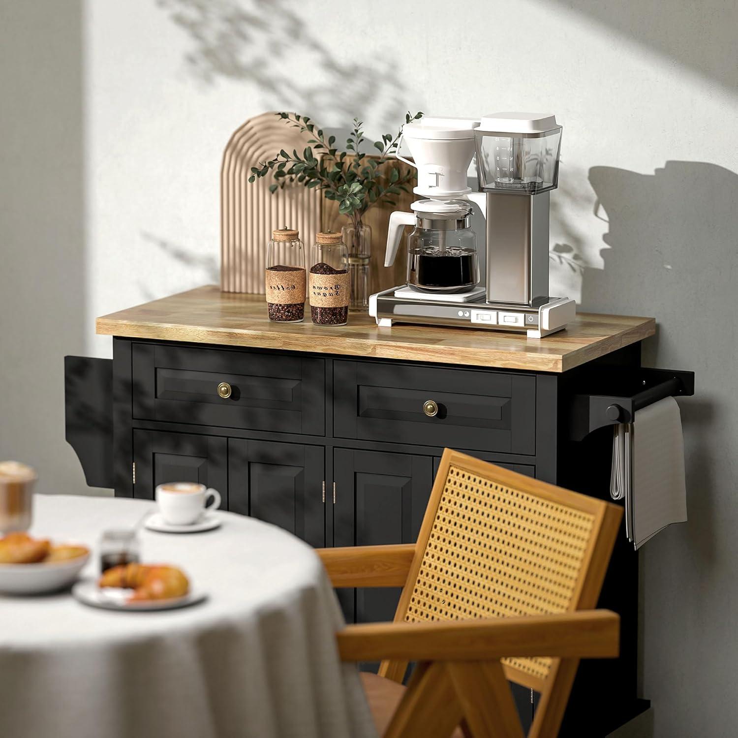 HOMCOM Kitchen Island on Wheels, Rolling Cart with Rubber Wood Top, Spice Rack, Towel Rack & Drawers for Dining Room, Black
