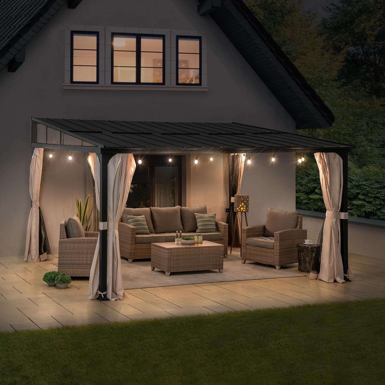 Sunjoy 12' x 14' Black Aluminum Wall-Mounted Gazebo with Curtains