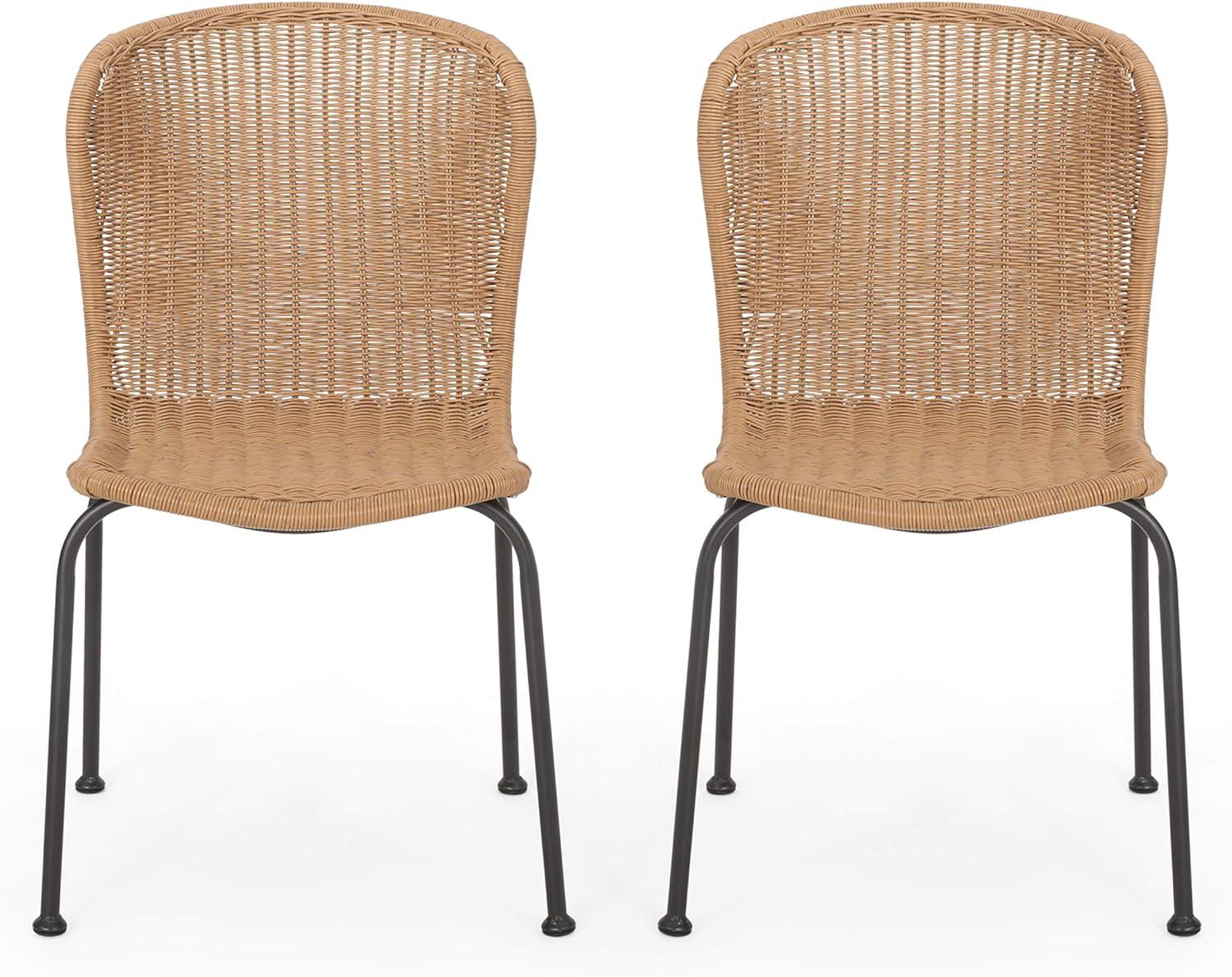 Spinnaker Set of 2 Wicker Boho Dining Chairs - Light Brown - Christopher Knight Home: Weather-Resistant Iron Frame