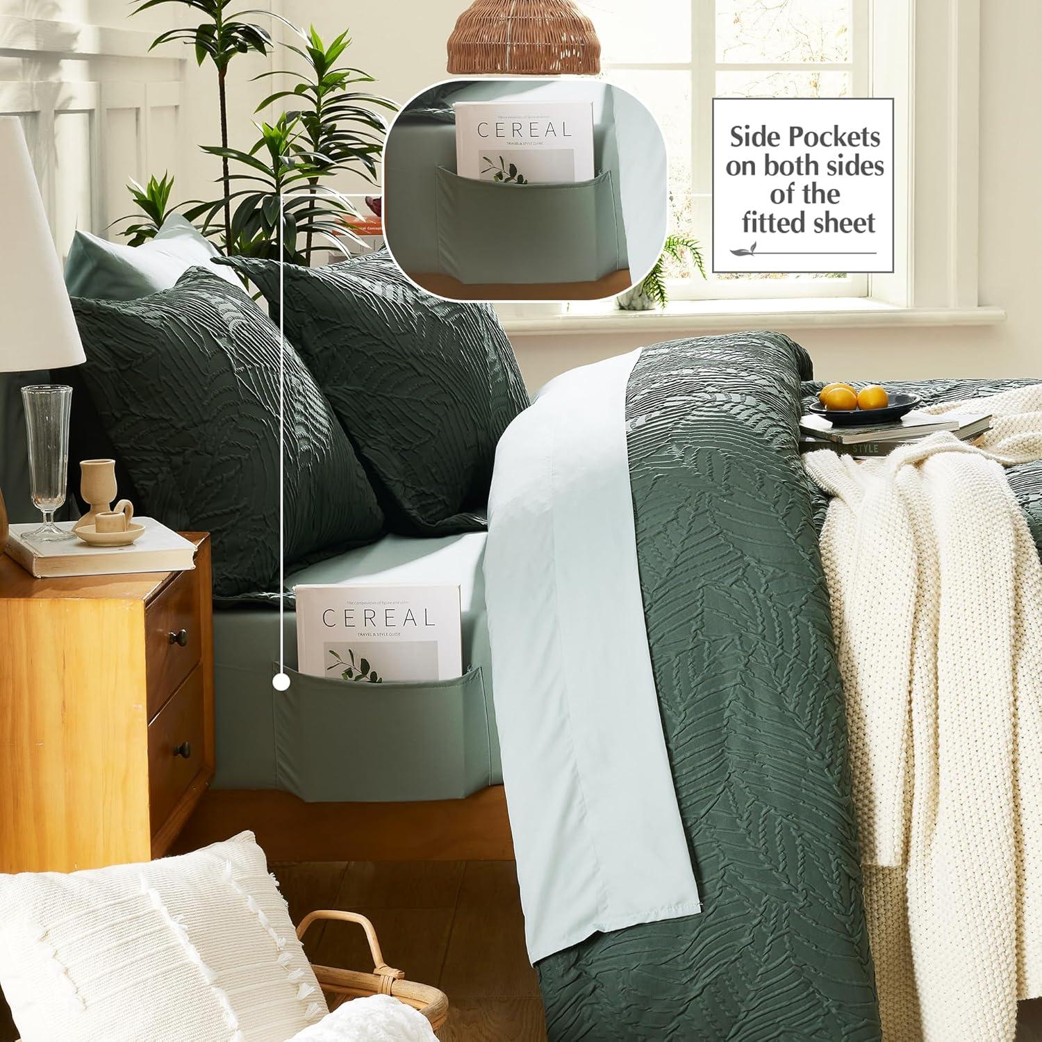 Geniospin Queen Comforter Set - 7 Pieces Dark Green Bedding Set, Botanical Textured Comforter Bed Set, All Season Lightweight Bed in a Bag with Comforter, Sheets, Pillowcases & Shams