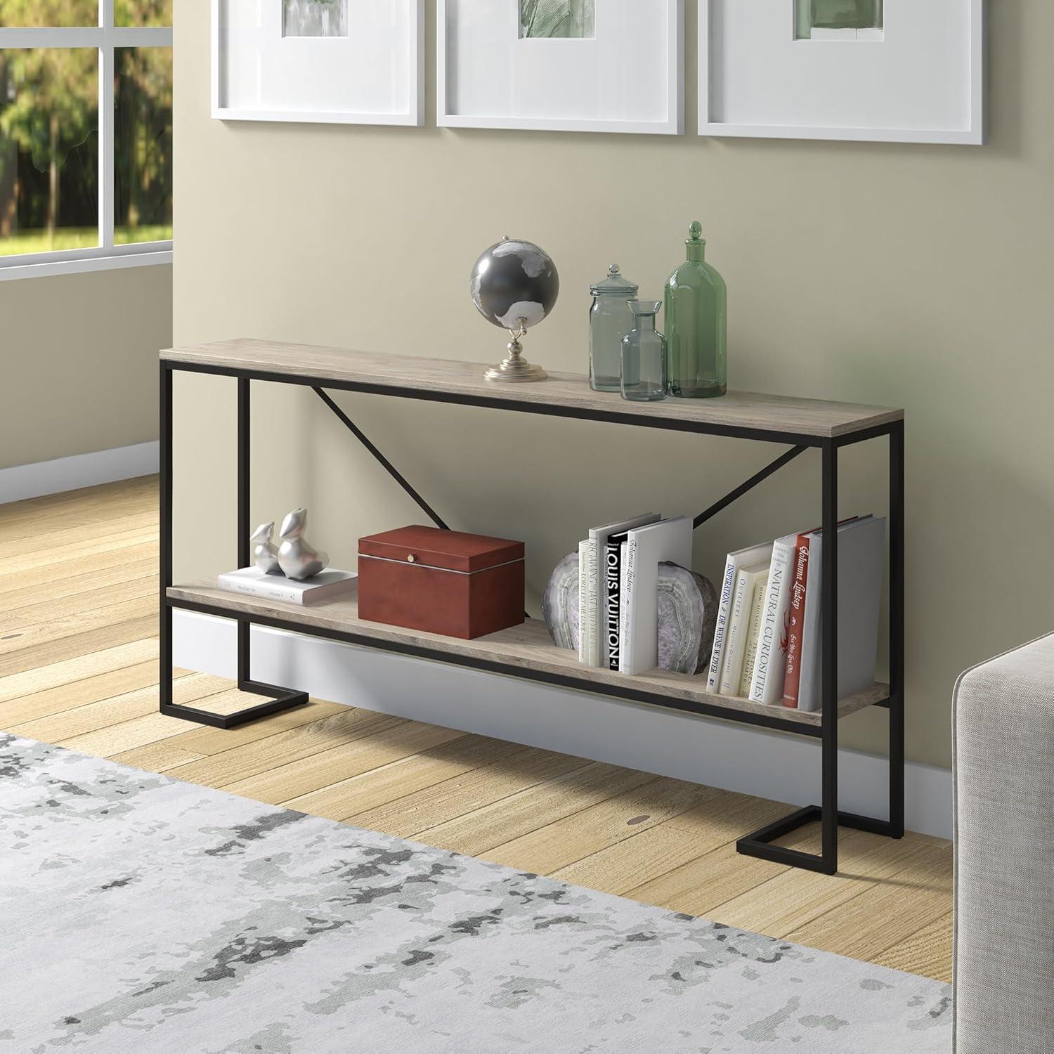 Evelyn&Zoe Phoebe 64" Wide Rectangular Console Table, Blackened Bronze/Antiqued Gray Oak