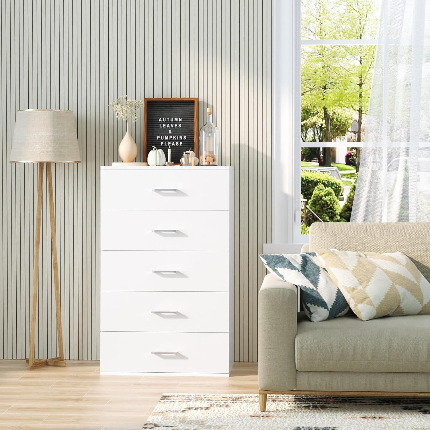 White Vertical 5-Drawer Dresser with Metal Handles