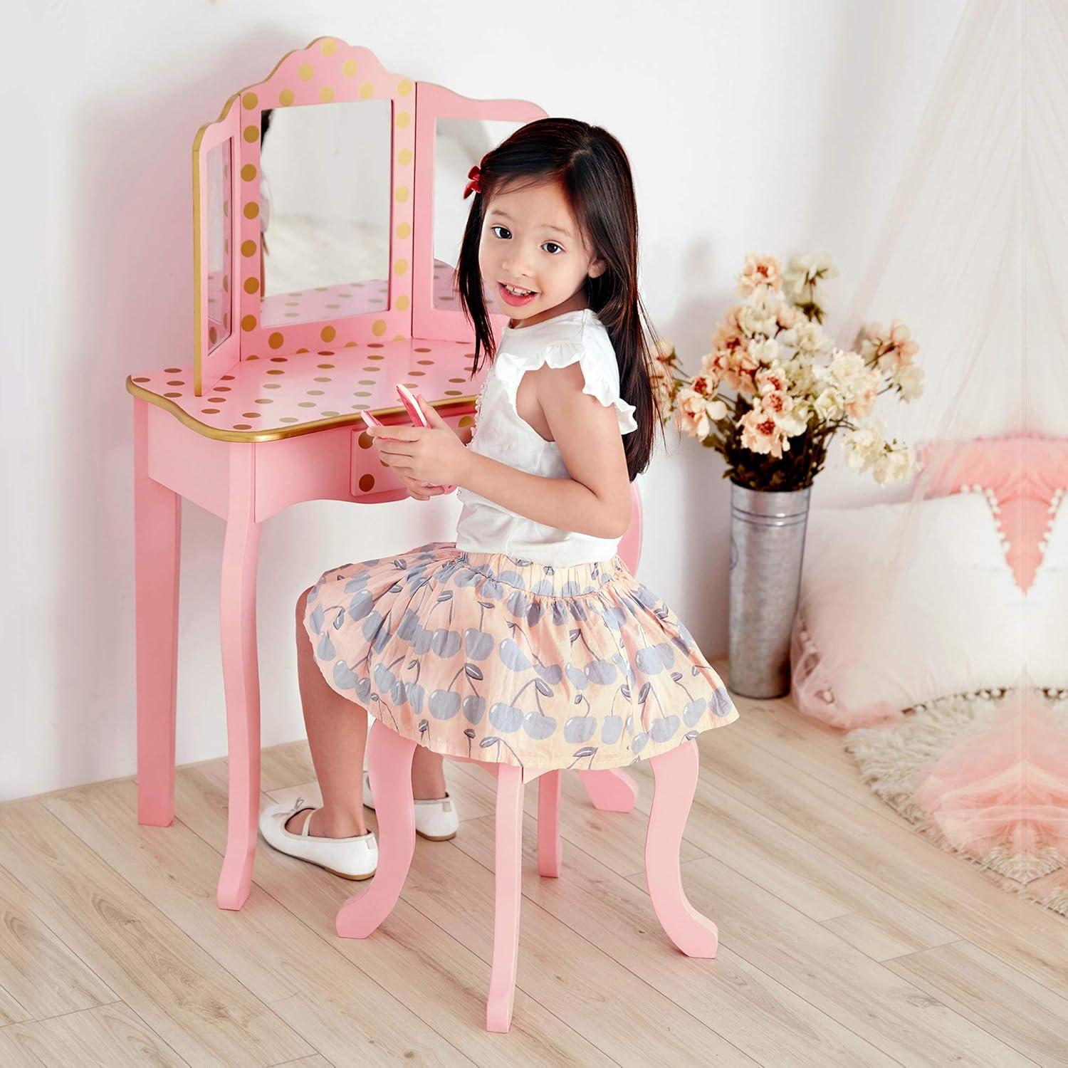 Pink and Gold Polka Dot Kids Vanity Set with Bench