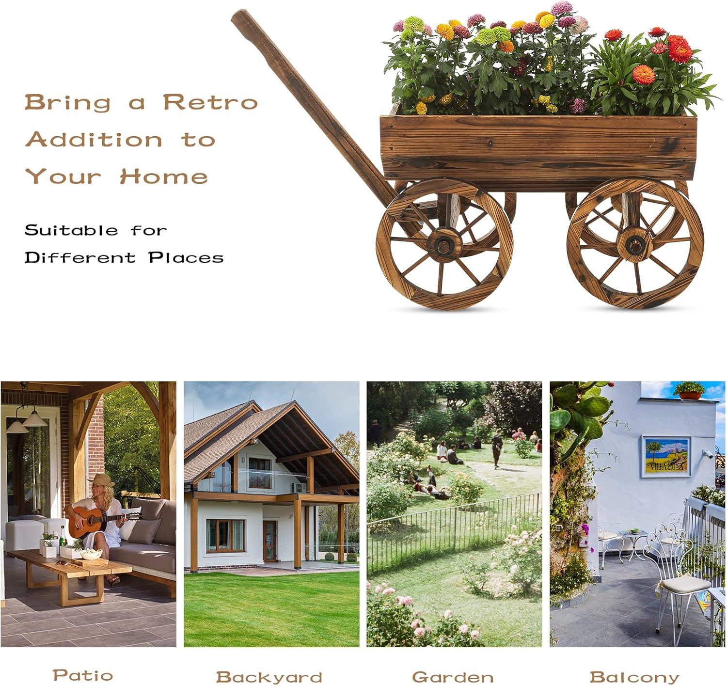 Rustic Cedar Wood Wagon Planter with Wheels for Outdoor Use