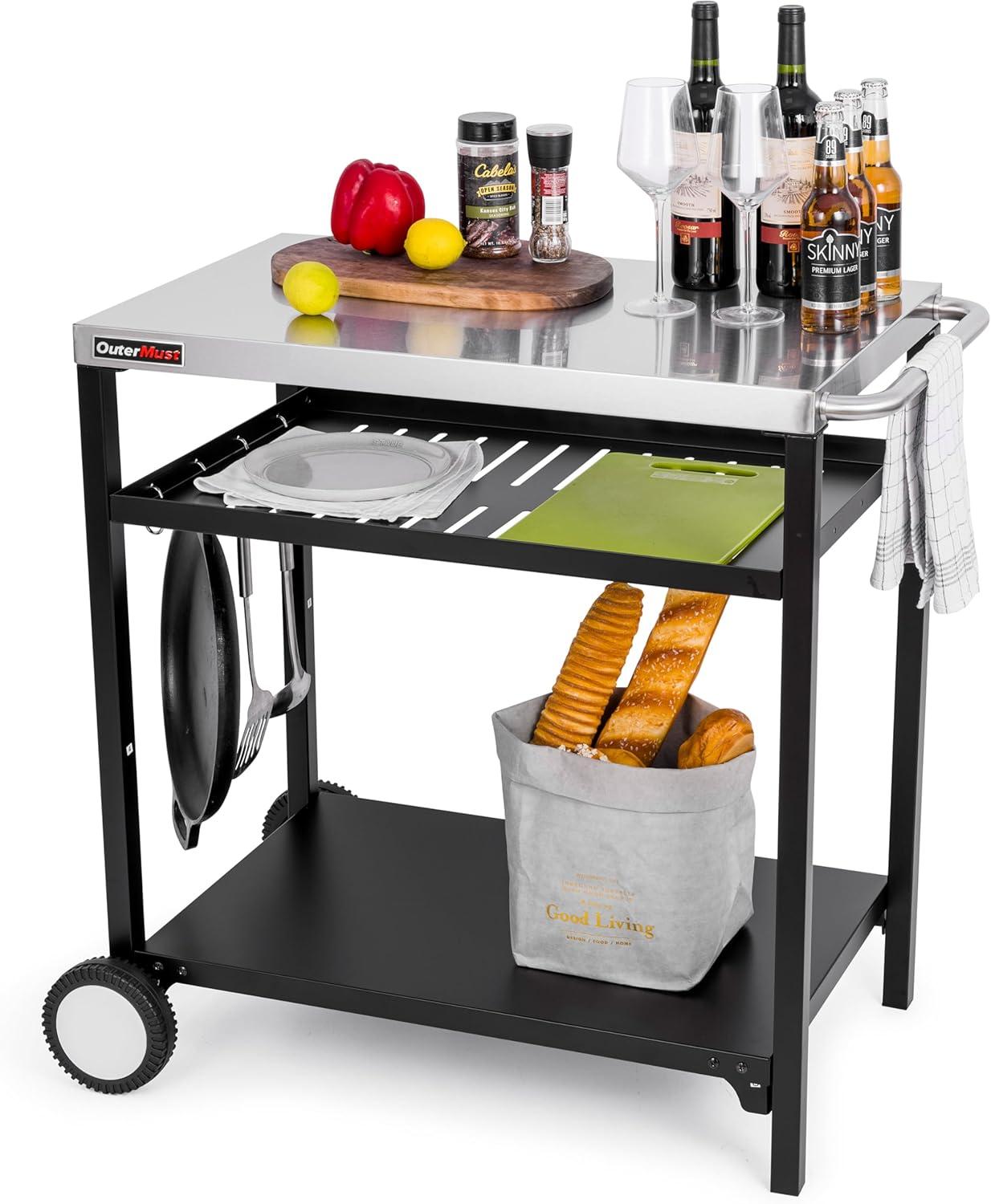 Silver and Black Steel Outdoor Grill Cart with Shelves