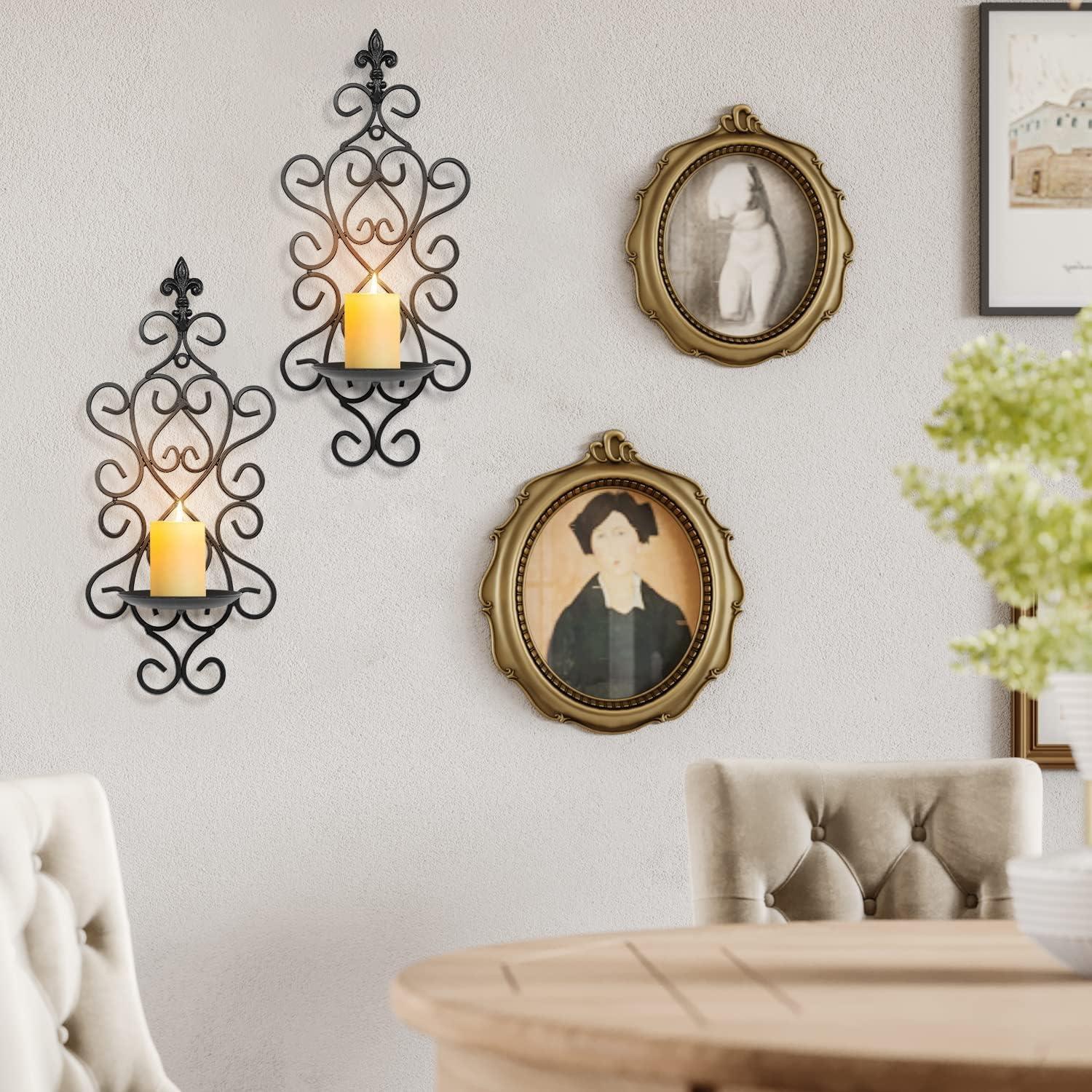 Bekayaa Black Iron Wall Sconces, Set of 2, Hanging Decorative Pillar Candle Holders for Bedroom & Dining Room, Wall-Mounted