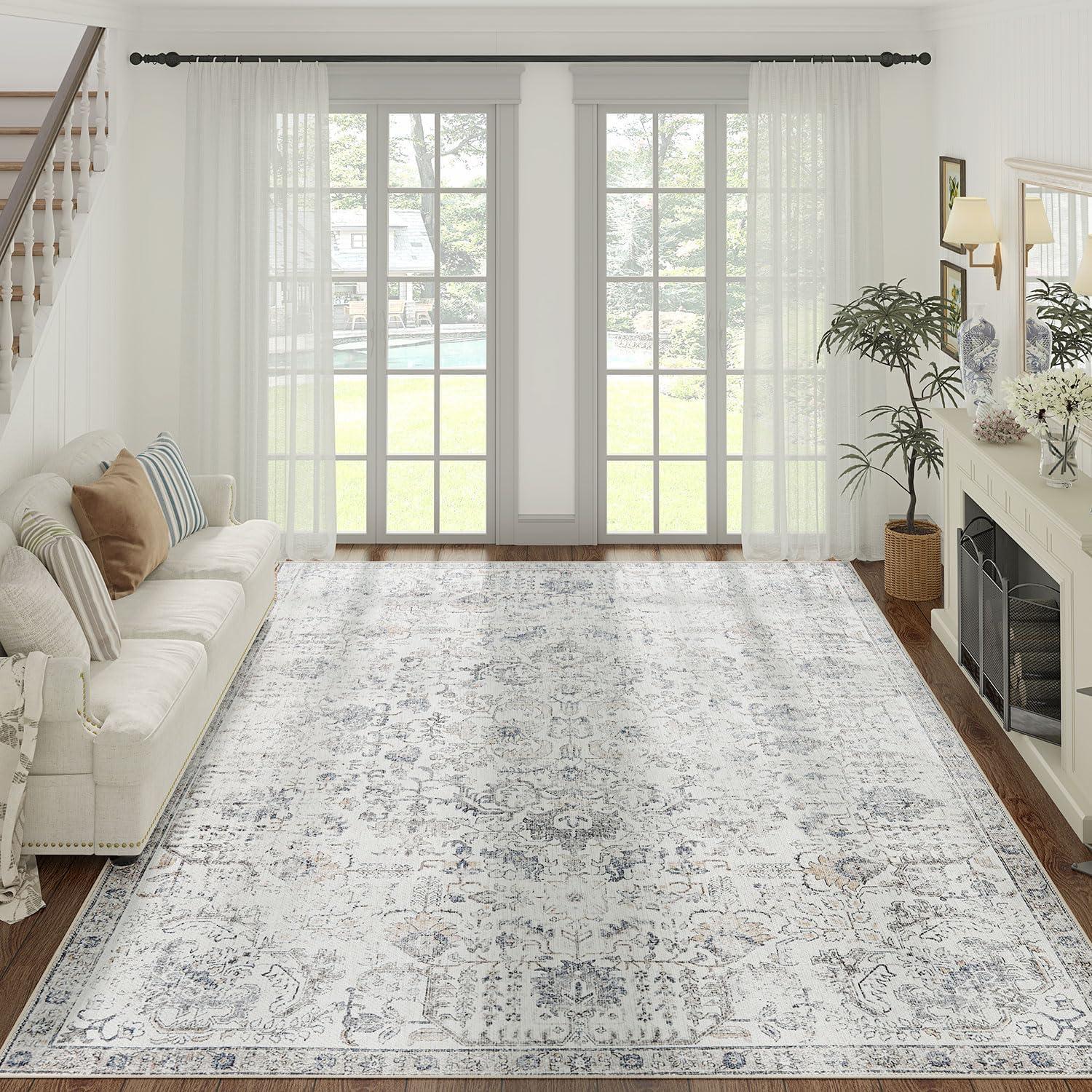 jinchan Area Rug 8x10 Washable Living Room Rug Vintage Indoor Large Floor Cover Retro Accent Mat Distressed Gray Floral Country Boho Non Slip Thin Carpet for Bedroom Kitchen Dining Room Office Grey