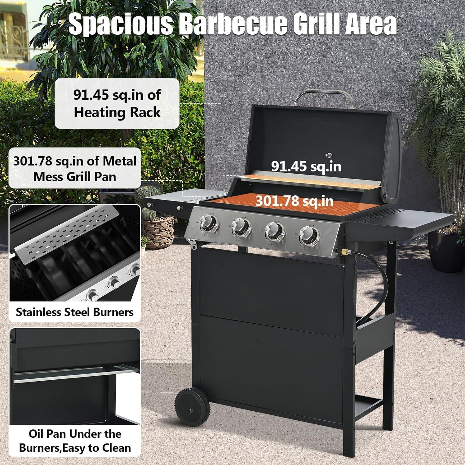 4-Burner Propane Grill with Top Cover Lid, Wheels, Side Tables, Built-in Thermometer, Stainless Steel 34,200 BTU Gas Grill