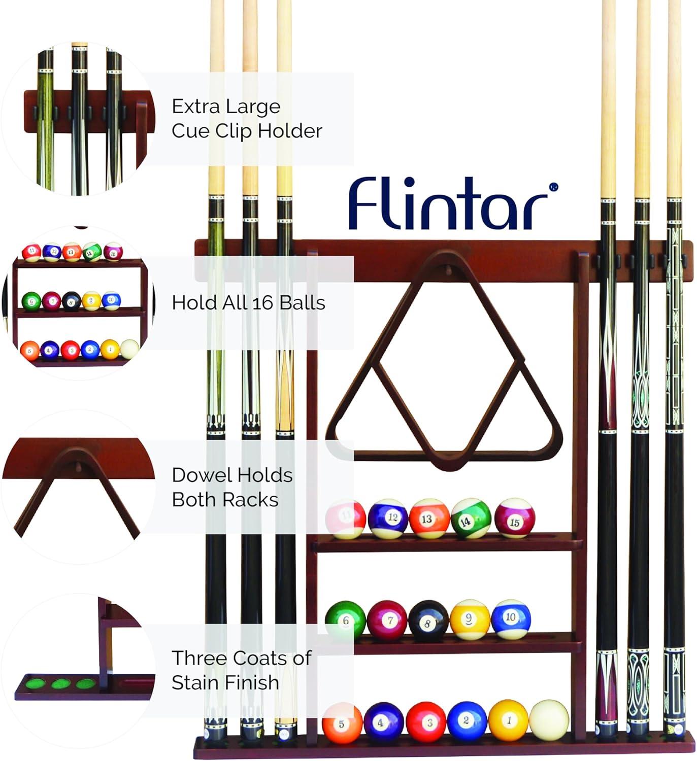 Flintar Wall Cue Rack, Premium Billiard Pool Cue Stick Holder, Made of Solid Hardwood, Improved Direct Wall Mounting, Cue Rack Only (Cues, Balls and Ball Rack not Included), Black Finish