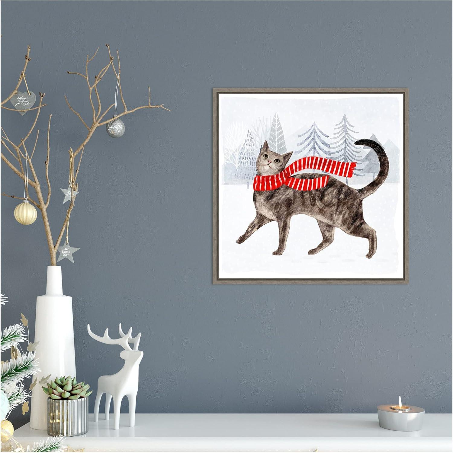 Christmas Cats and Dogs Canvas Print with Grey Frame