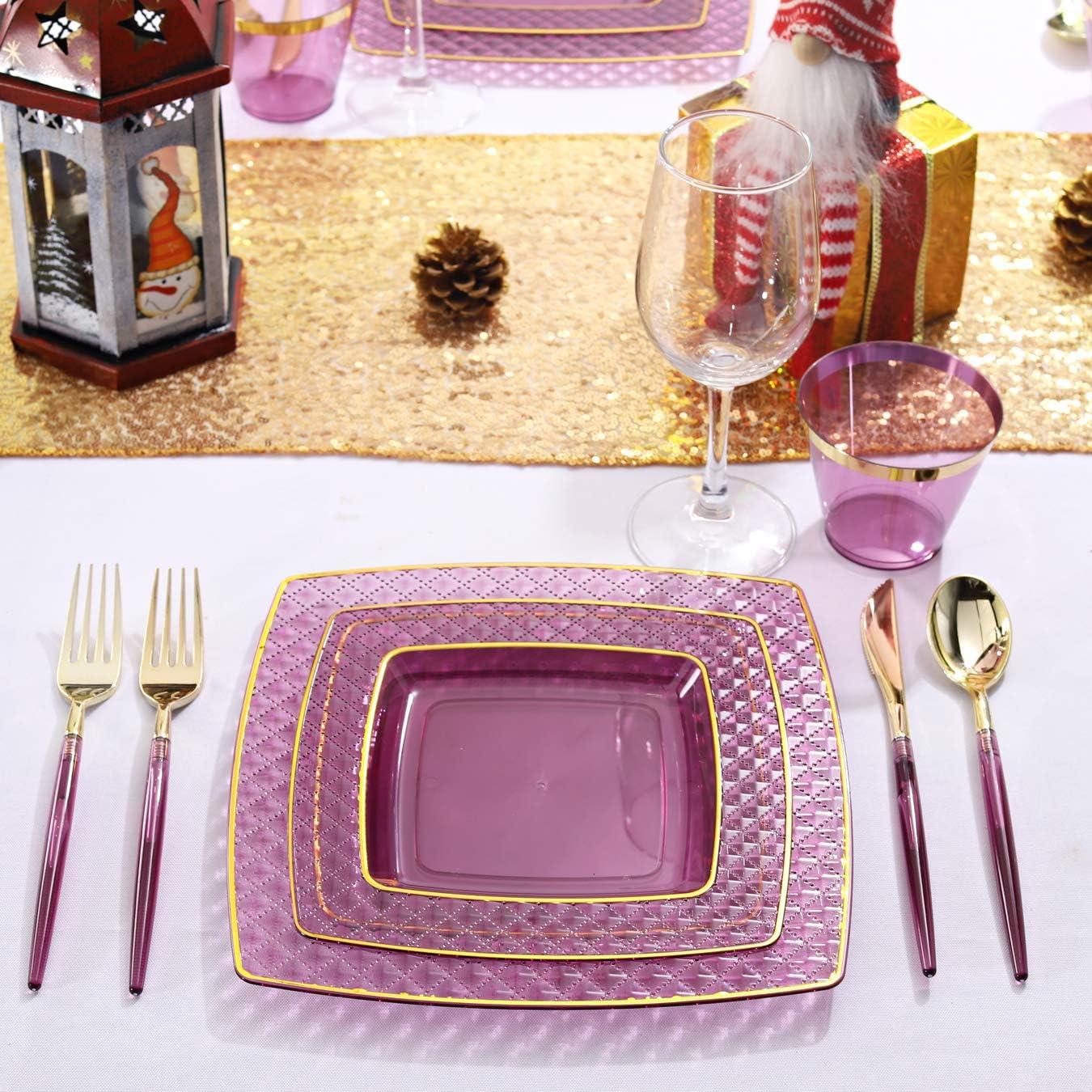 Elegant Purple and Gold Disposable Plastic Dinnerware Set