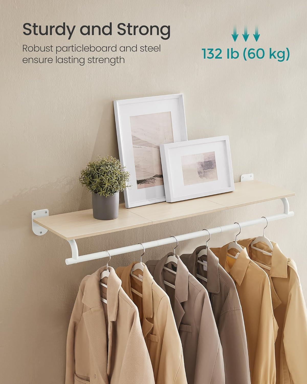 SONGMICS Clothes Rack with Top Shelf, Wall Mounted Clothing Rack, with Hanging Rod, Loads up to 77 lb, 11 x 42.9 x 5.2 Inches, Entryway, Bedroom, Closet, Natural Beige and Cloud White UHSR135W01