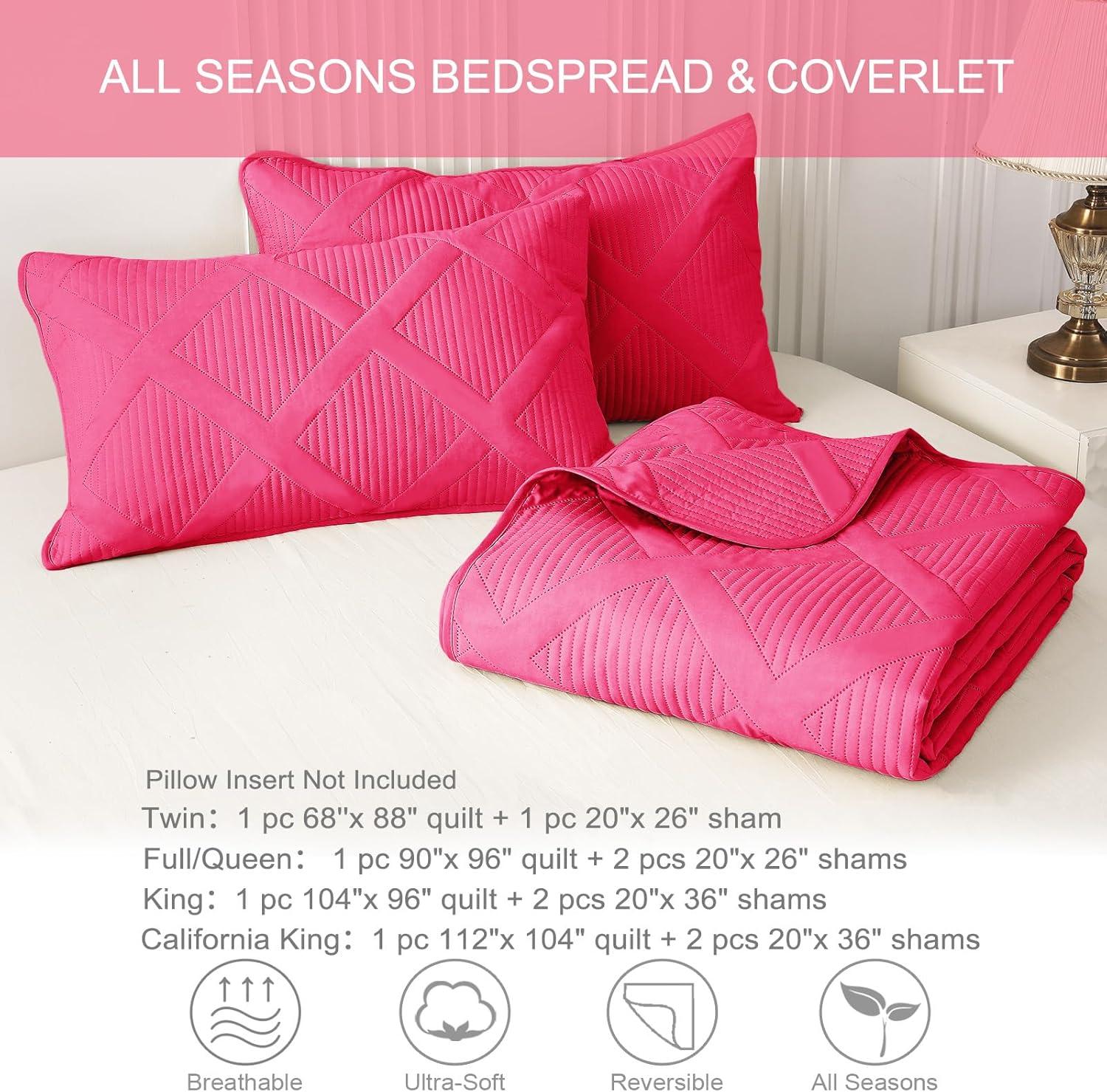 Exclusivo Mezcla Ultrasonic Twin Quilt Set, 2-Piece Lightweight Bedspreads Modern Striped Coverlet, Hot Pink