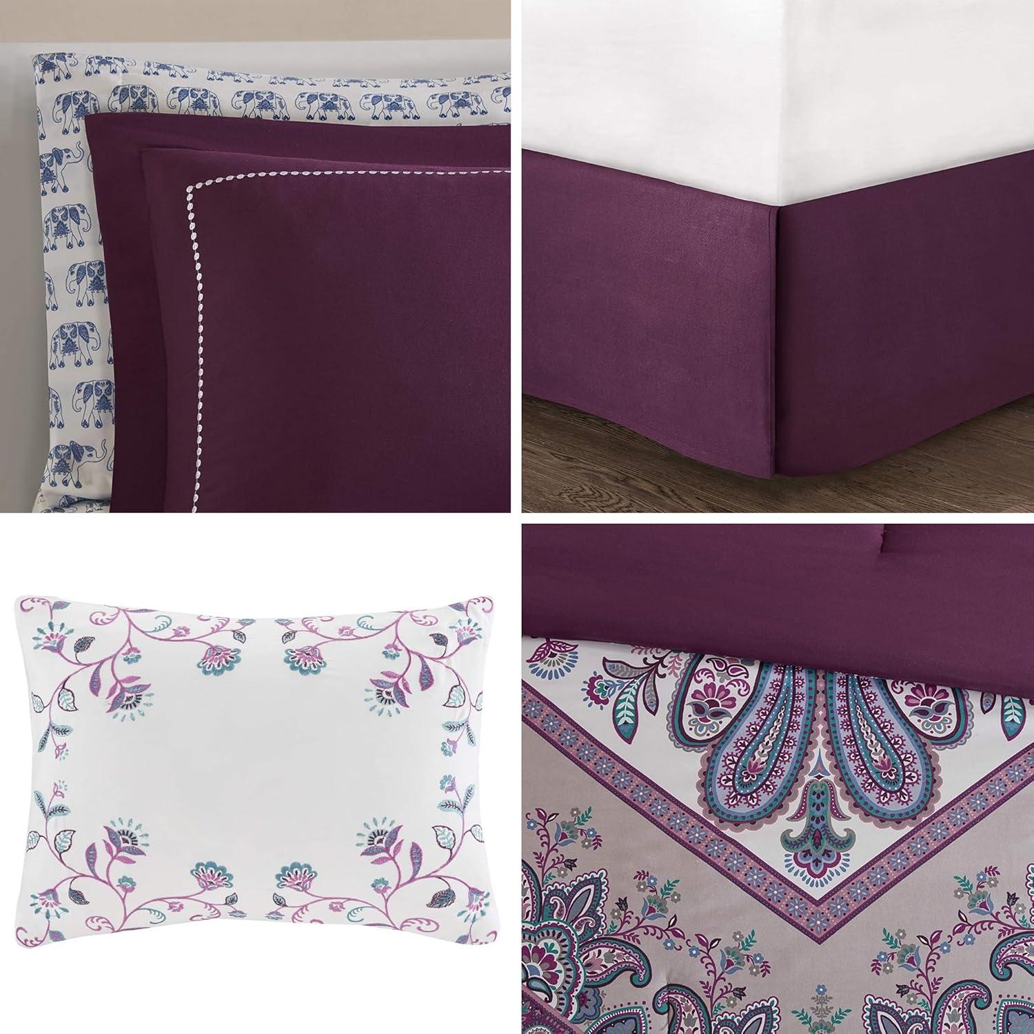 Full Purple Microfiber Reversible Boho Bed in a Bag Set