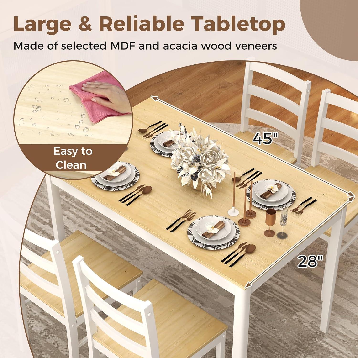 Costway 5-Piece Dining Set Solid Wood Kitchen Furniture with Rectangular Table & 4 Chairs Natural