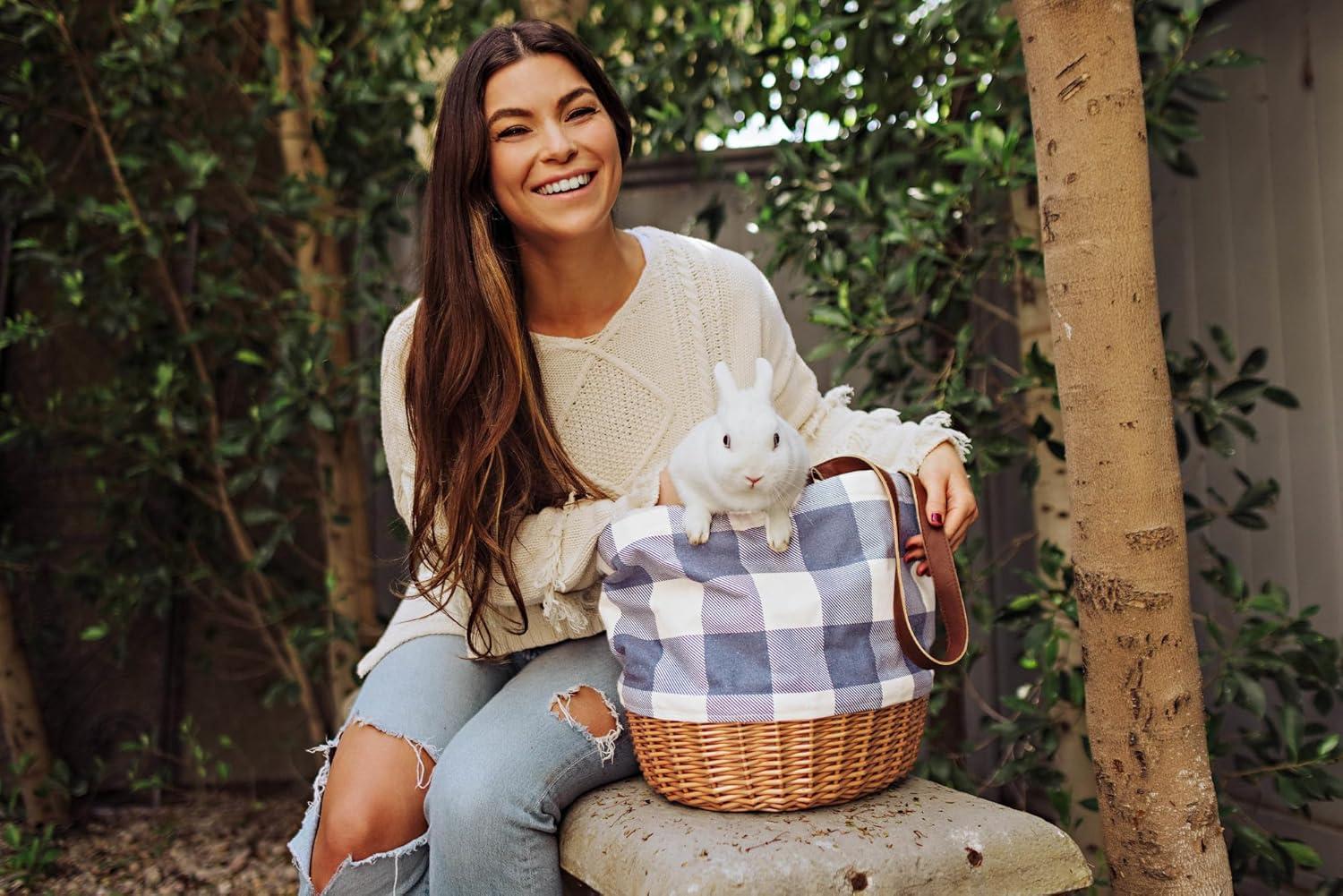 Picnic Time Coronado Canvas and Willow Basket Tote with Blue, White, and Beige Accents