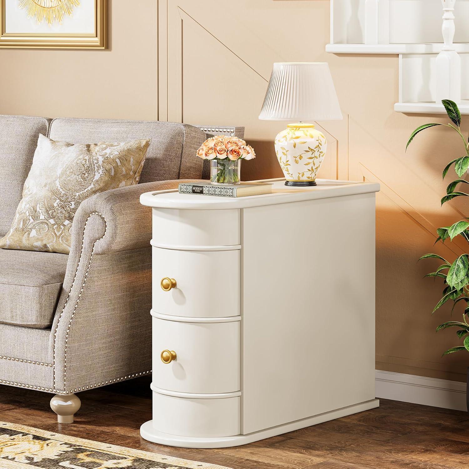 Hommoo Wood Narrow Nightstand with 2 Drawers Off-White
