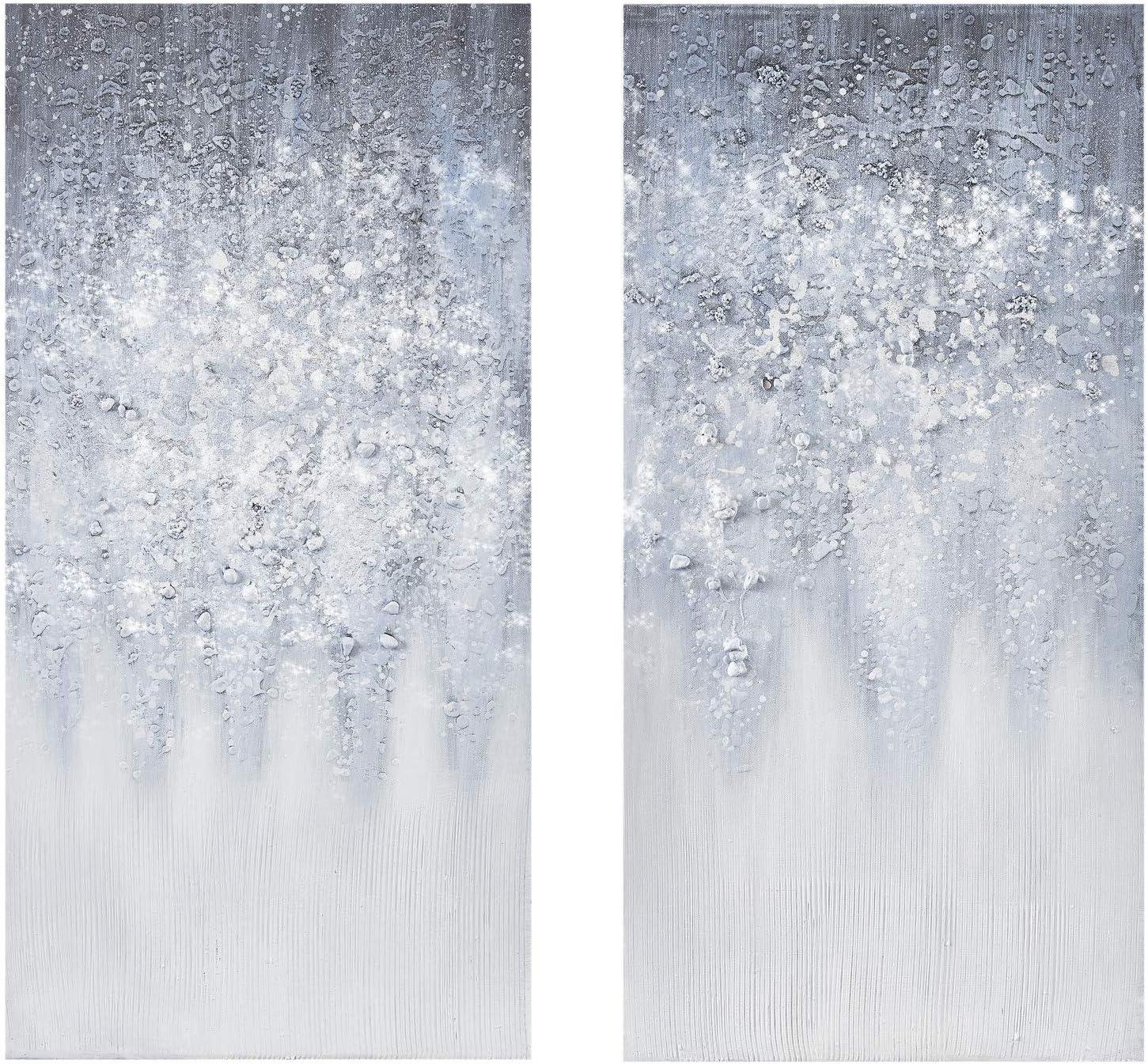 Winter Glaze Blue and White Abstract Embellished Canvas Art 15"x30"