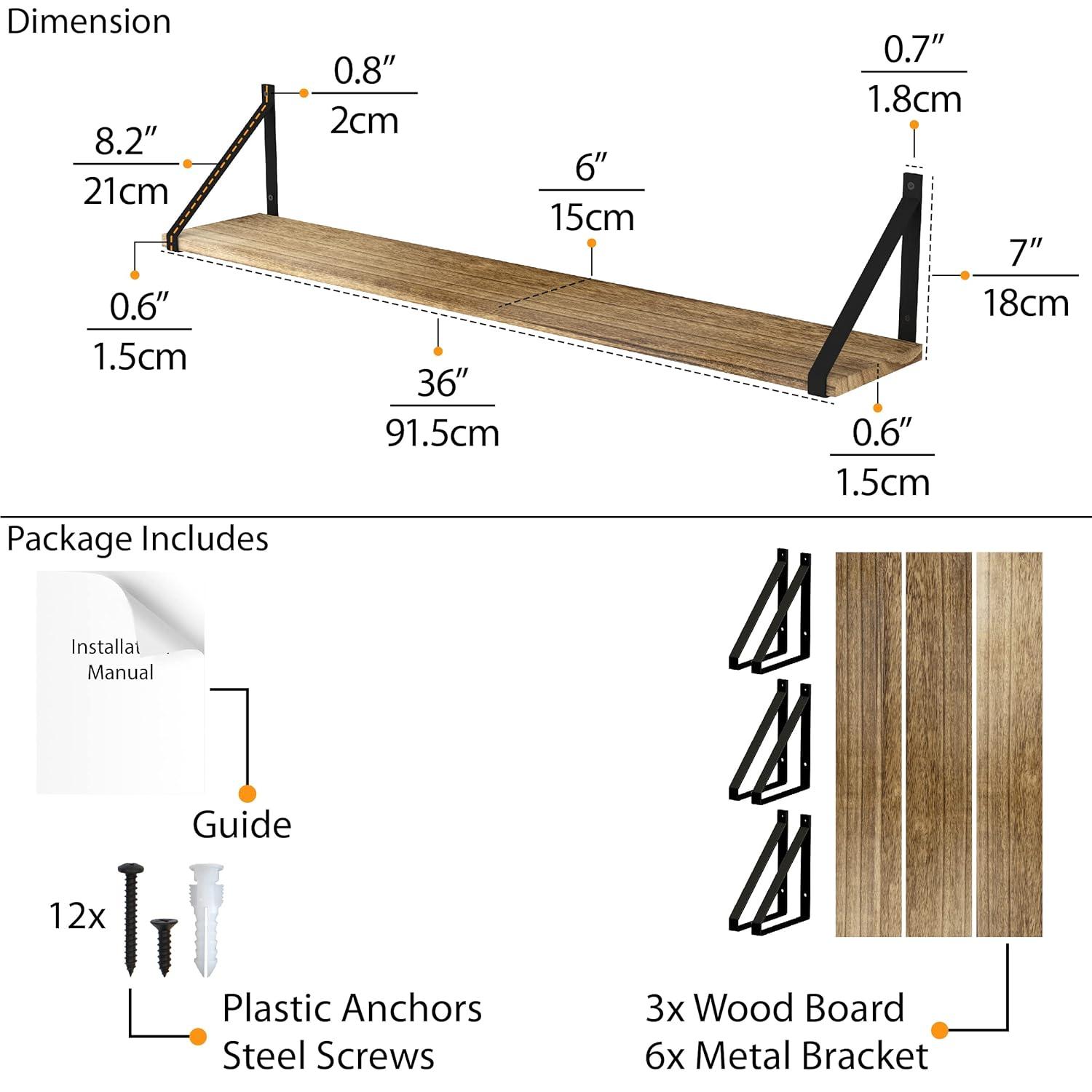 Wallniture Bora 36 Inch Large Floating Shelves for Wall Storage, Floating Bookshelf Set of 3, Burned Wood Wall Shelves for Books