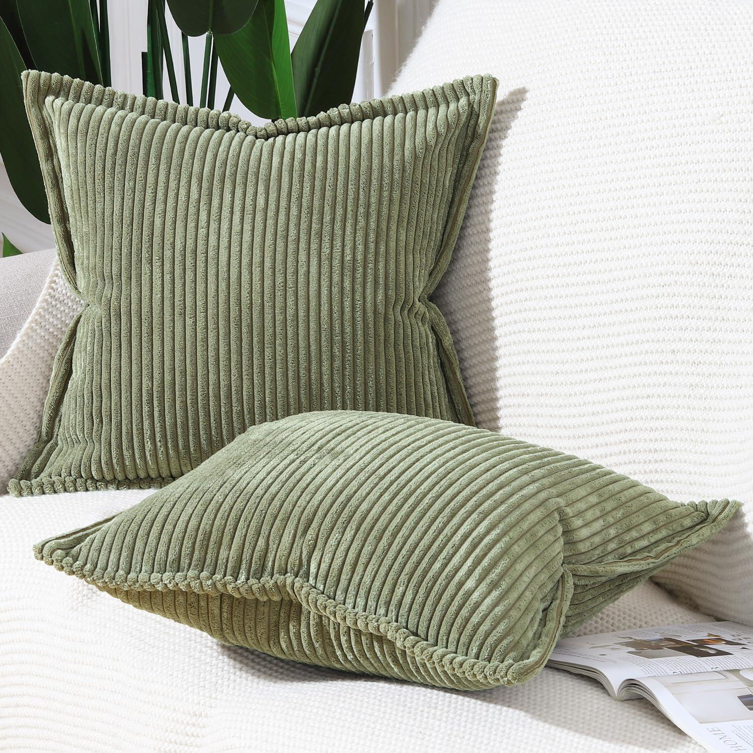 Olive Green Corduroy Striped Polyester Throw Pillows 18" x 18" Set of 2