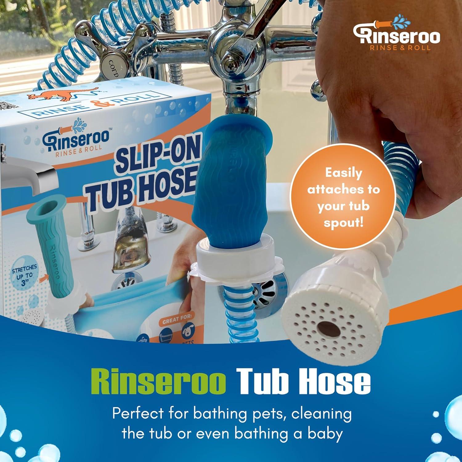 Rinseroo Slip-On Bathtub Faucet Sprayer Attachment. Ultra-Flex Dog Shower Hose Adapter Portable Hose Attachment with Sprayer Pet Showerhead Attach Tub Spout 5 Foot Hose. No Install for Speedy Washing