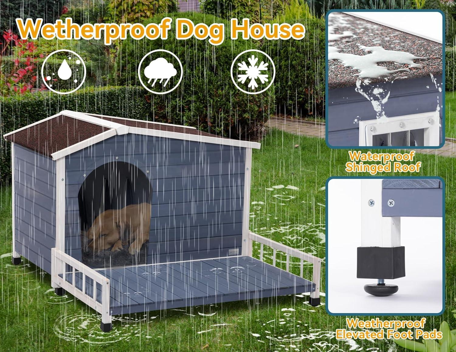 Petsfit Large Dog House with Terrace & Openable Asphalt Roof, 45" L x 54" W x33 H, XL Dog House Outdoor with Elevated Floor, Window & Door Flap, Outdoor Dog House for Large Dogs