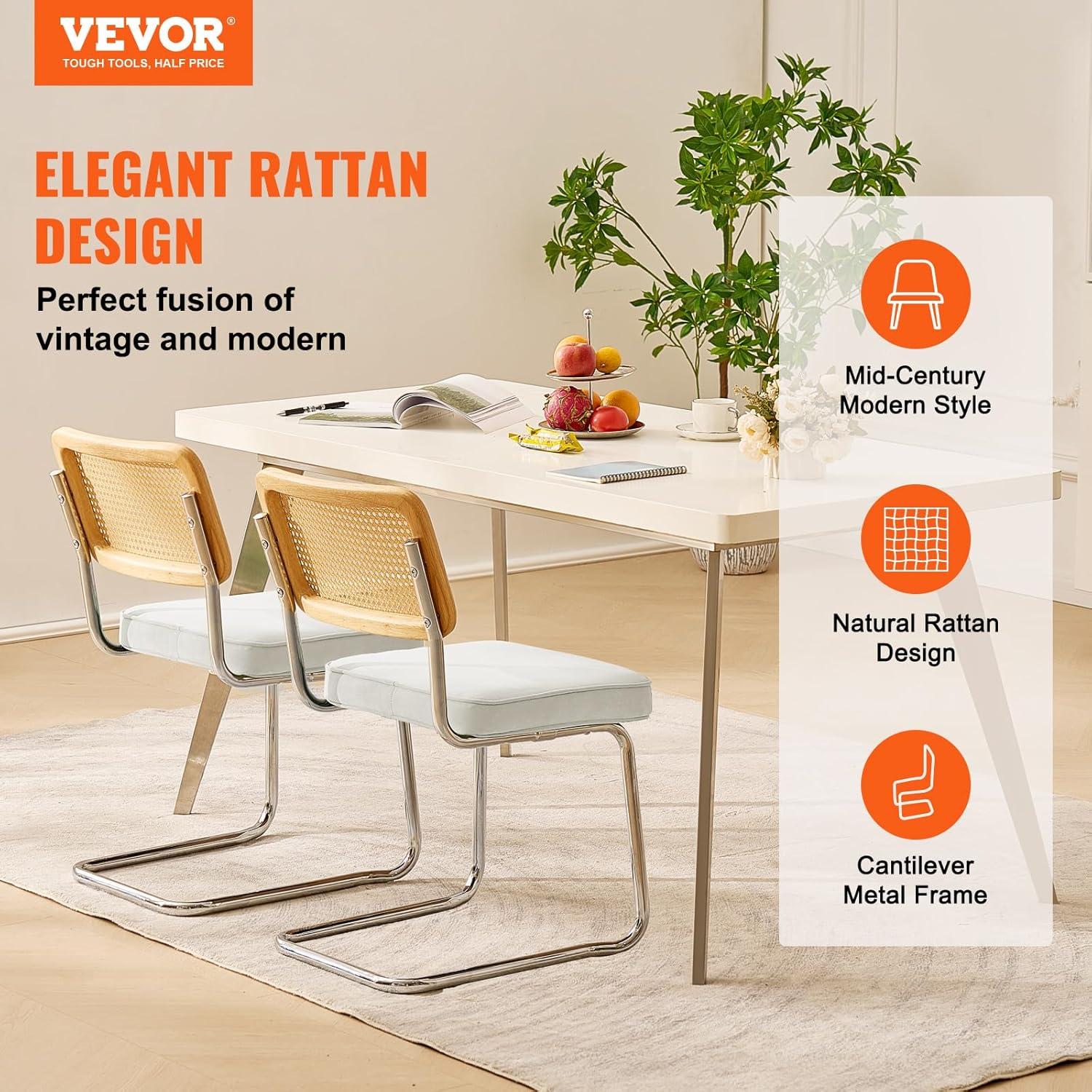VEVOR Rattan Chairs Set of 2, Mid Century Modern Dining Chair, Upholstered Velvet Accent Chair with Rattan Back, Retro Kitchen Chair for Living Room, Bedroom (18.1 Inch)