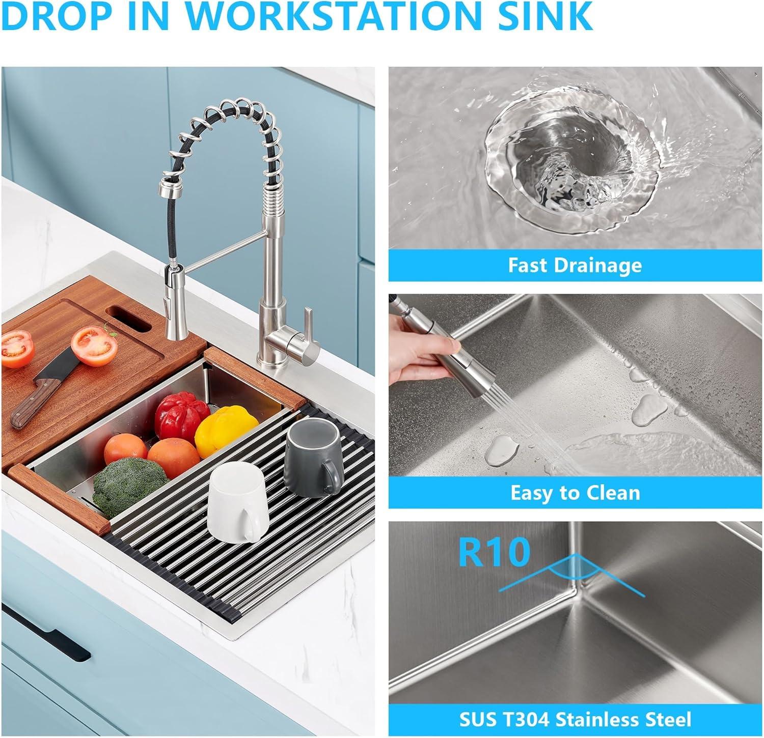 30 x 22 inch Farmhouse Kitchen Sink, Workstation Ledge 18 Gauge Stainless Steel Sink Modern Apron-front Single Bowl Kitchen Sink