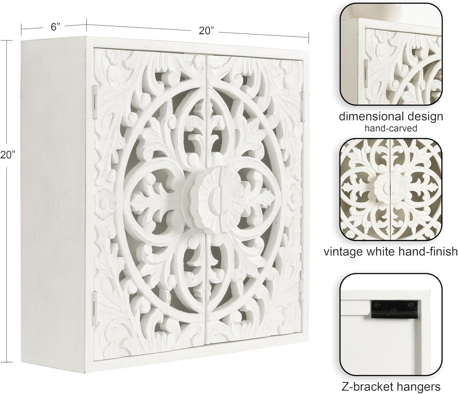 Kate & Laurel All Things Decor 20" Saanvi Traditional Carved Wood Wall Cabinet White: Artisan-Made, No Assembly, Includes Mounting Hardware