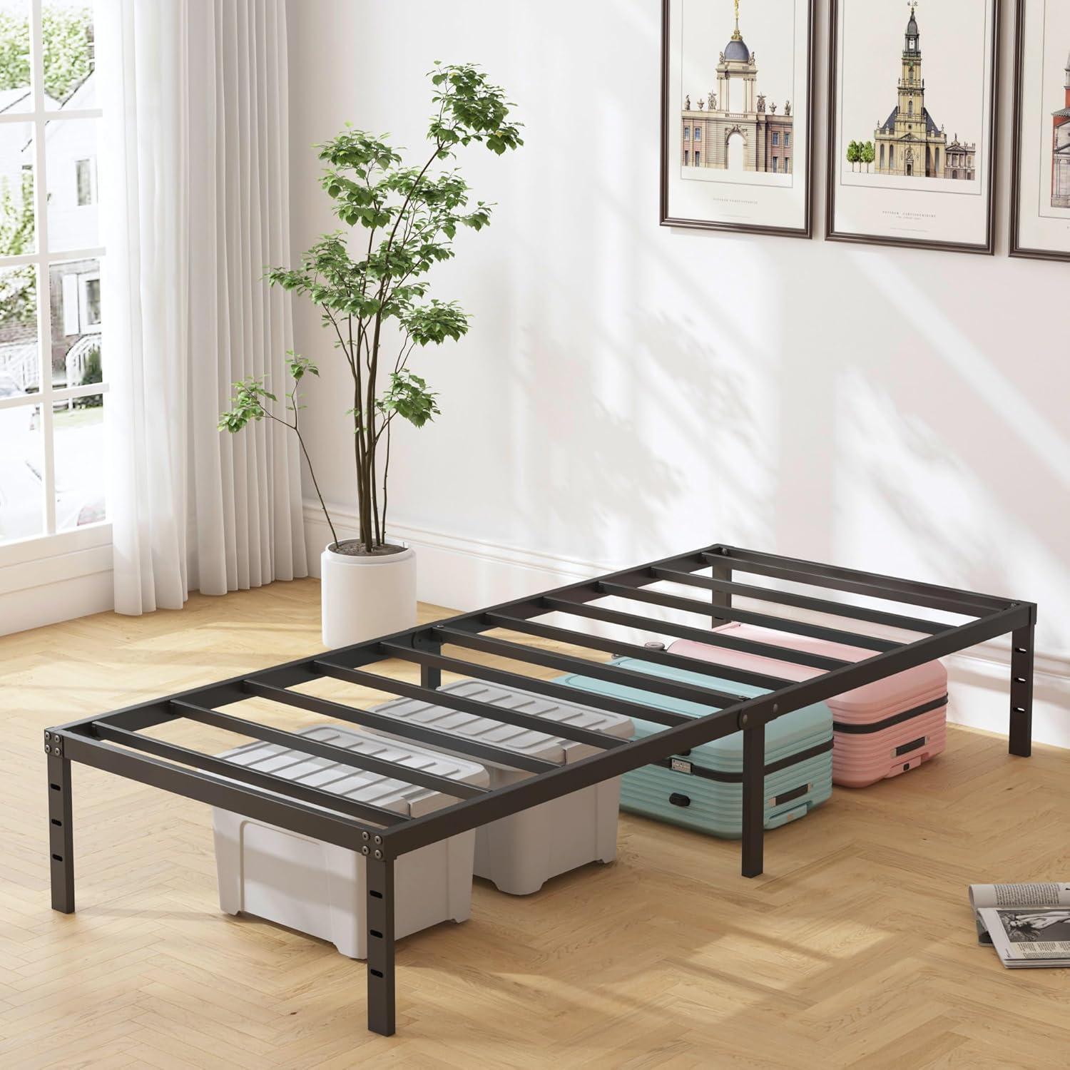 Twin Size Bed Frame 14 Inch Metal Bed Frame，No Box Spring Needed, Storage Space Under The Bed Heavy Duty Frame Bed, Non-Slip Noise Free Easy Assembly Durable Twin Size Bed Frame