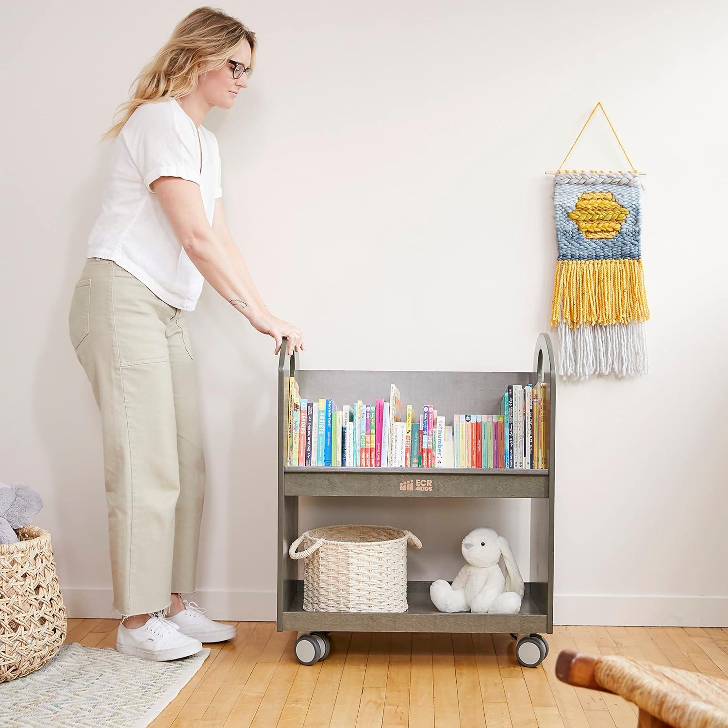 Grey Wash Birch Mobile Book Cart with Timer