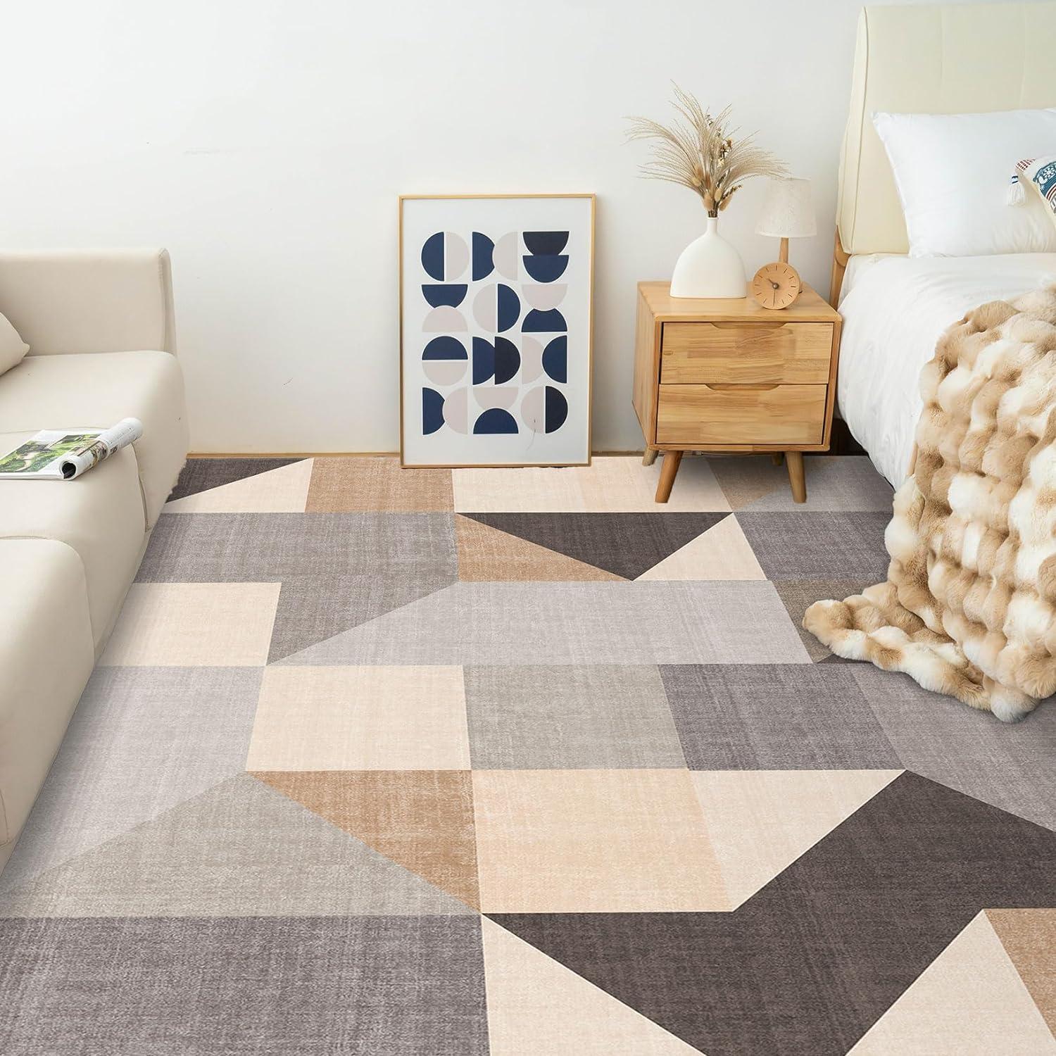 Ultra-Modern Geometric Foldable Area Rug, Abstract Block Collision Art Style Soft Thin Pile Carpet, Machine Washable Rug For Living Room, Bedroom, Kitchen - Non-Slip Backing, Non-Shedding, Easy-Cleaning and Home Decor Ideas.