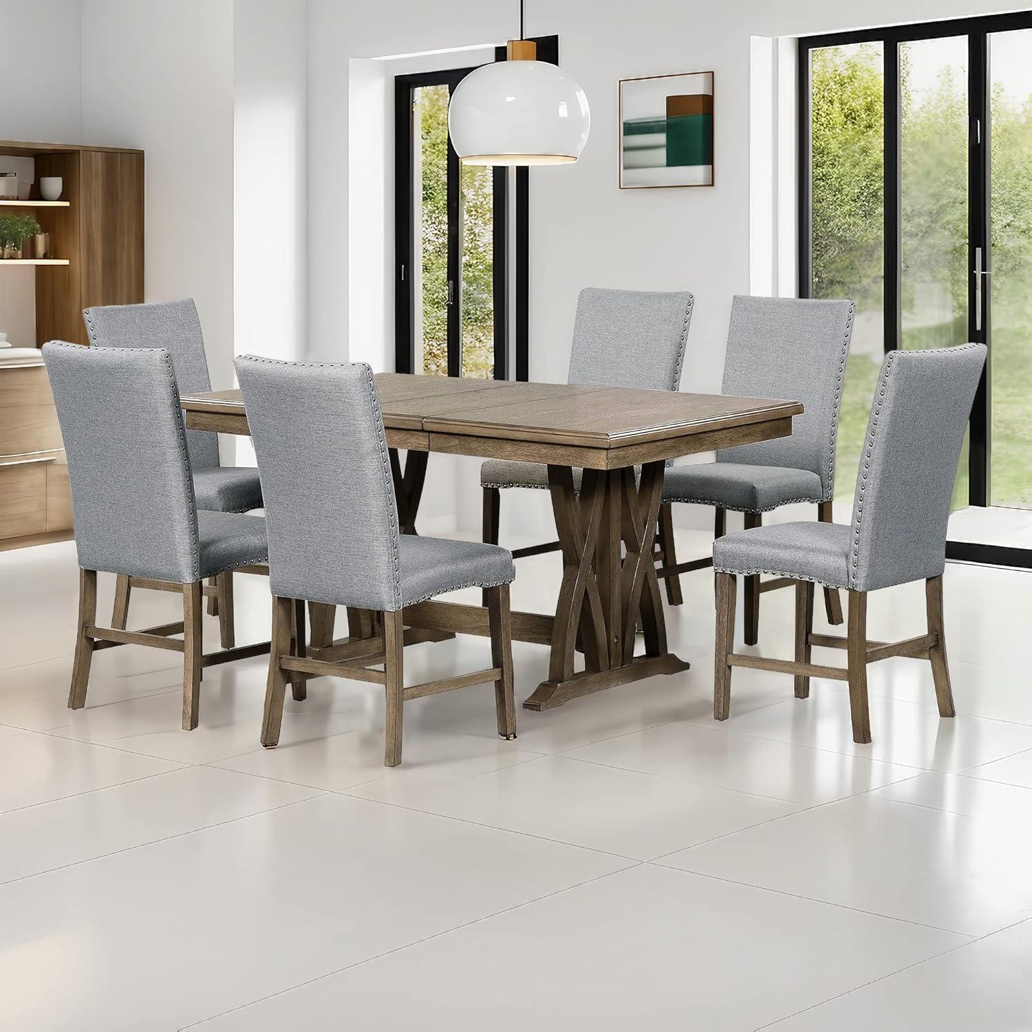 Wood 7-Piece Dining Table Set Extendable Kitchen Table Set with Upholstered Chairs