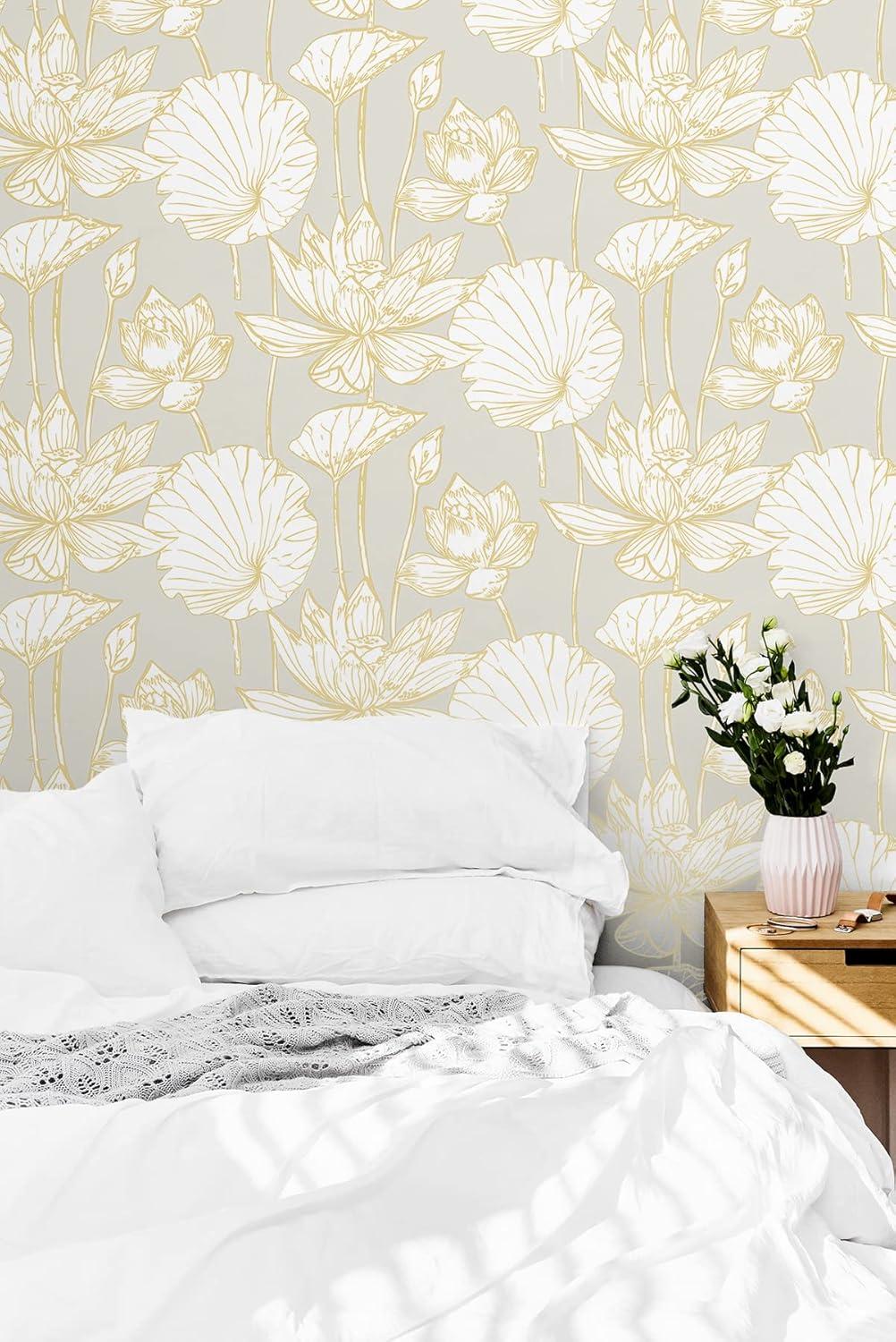 NextWall Lotus Floral Peel and Stick Wallpaper Light Gray: Adhesive Vinyl, Botanical Pattern, Contemporary Style, 30.75 Sq Ft Coverage