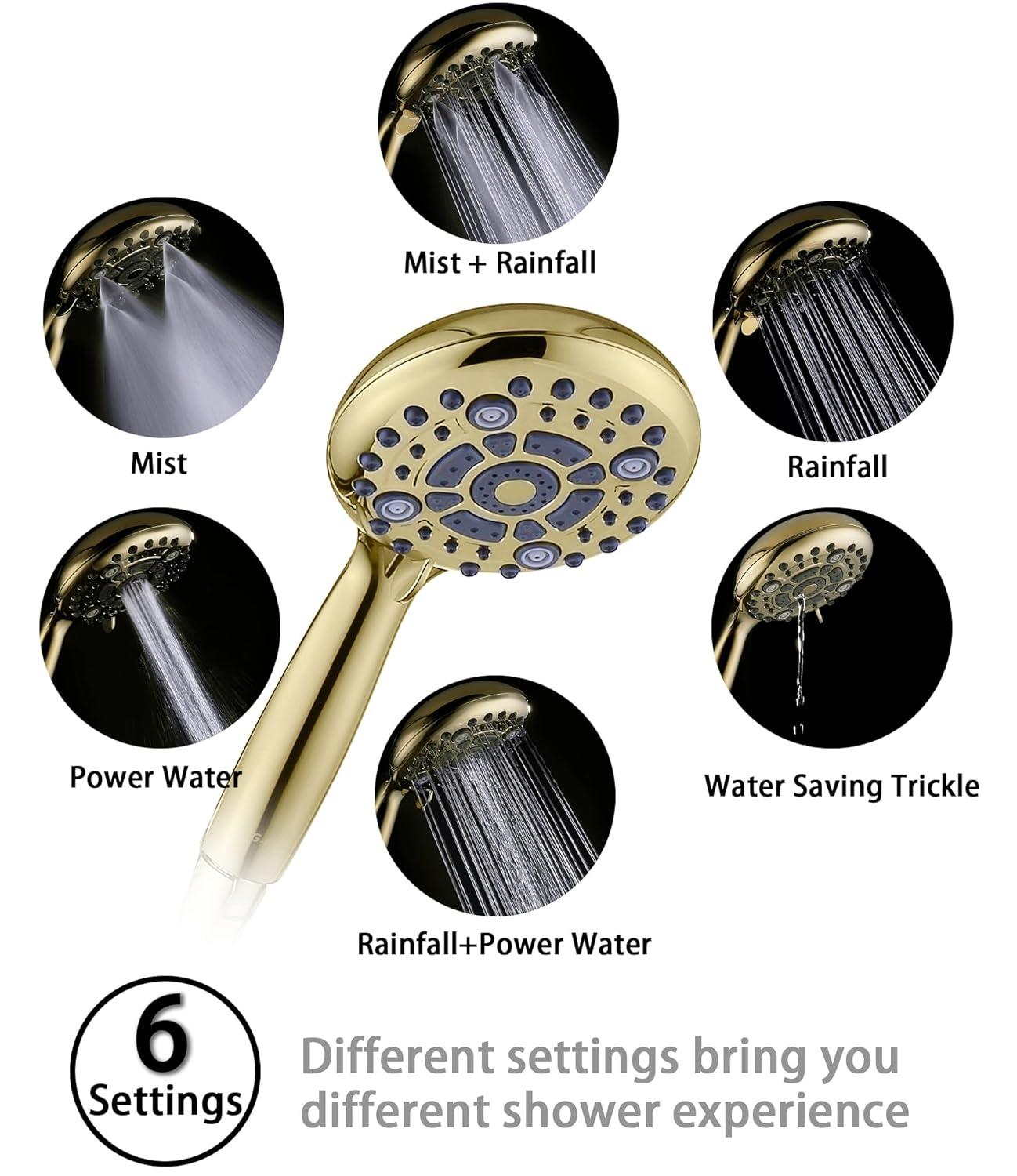 G-Promise Handheld Shower Head High Pressure 6 Spray Settings, Detachable Hand Held Showerhead 4.9 Inch Face with Extra Long Flexible Hose and Metal Adjustable Bracket