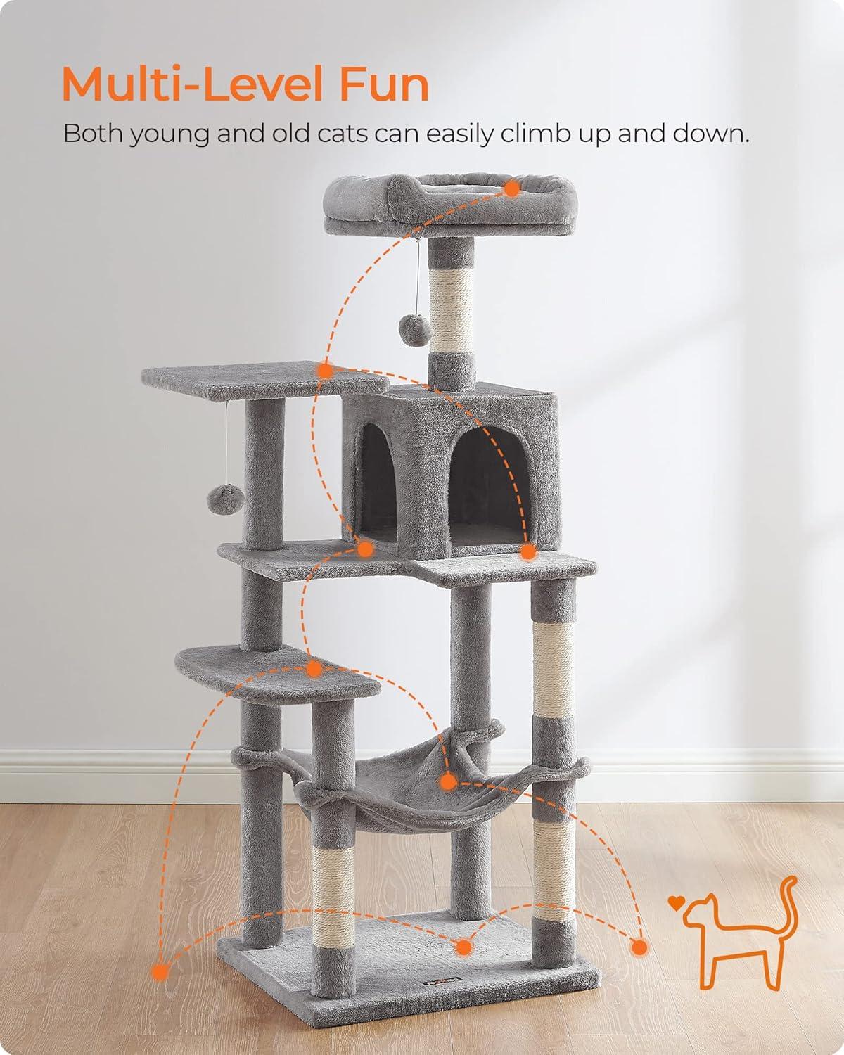 Feandrea 56.3'' Cat Tree Tower for Indoor Cats ,Multi-Level Cat Condo Cat Furniture with Scratching Posts, Perches, Hammock, Cave ,Light Gray