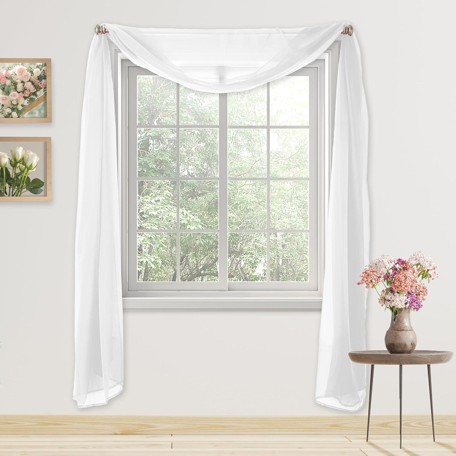 White Sheer Polyester Rod Pocket Scarf Curtain Panel