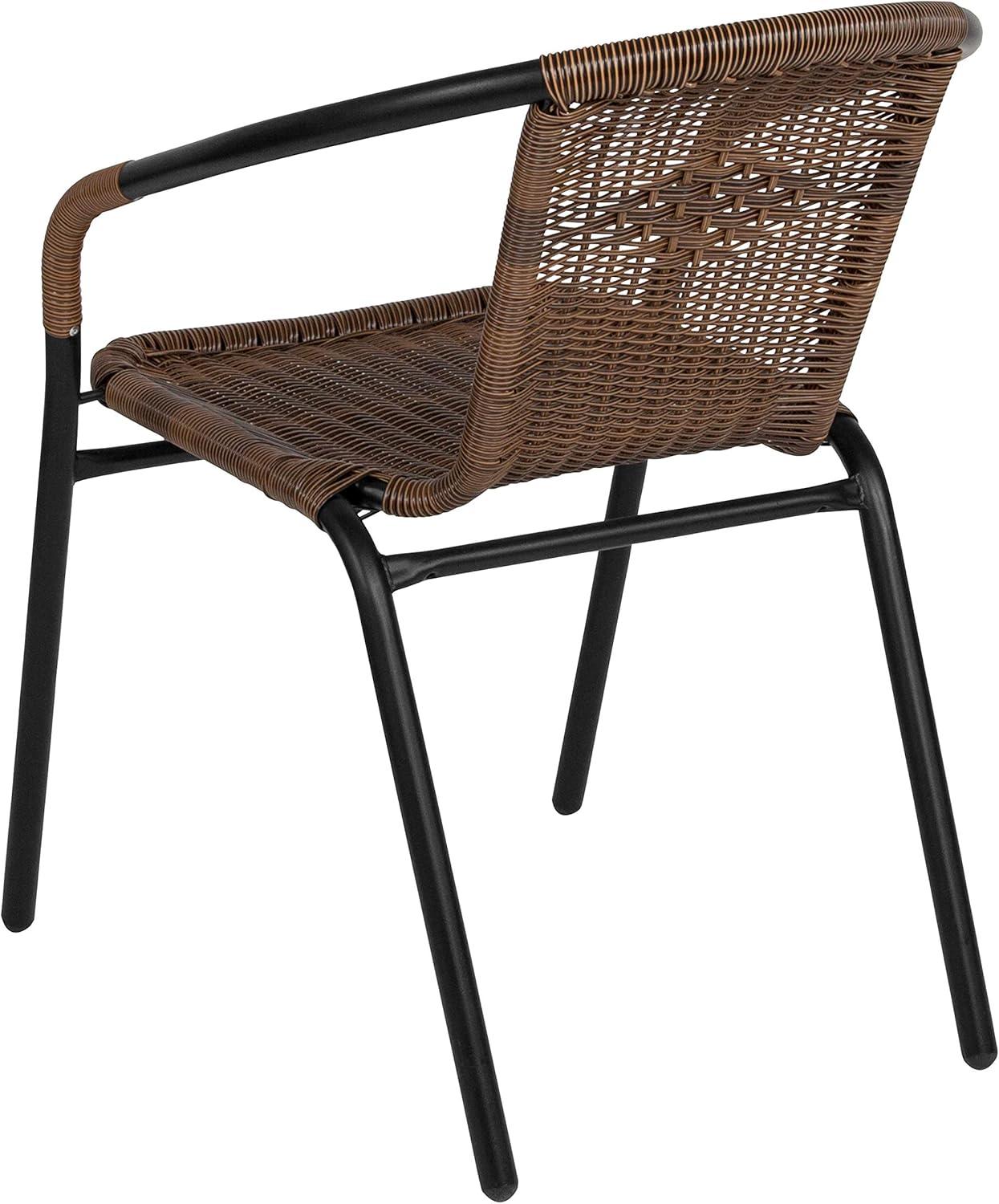 Flash Furniture 28'' Round Glass Metal Table with Dark Brown Rattan Edging and 4 Dark Brown Rattan Stack Chairs