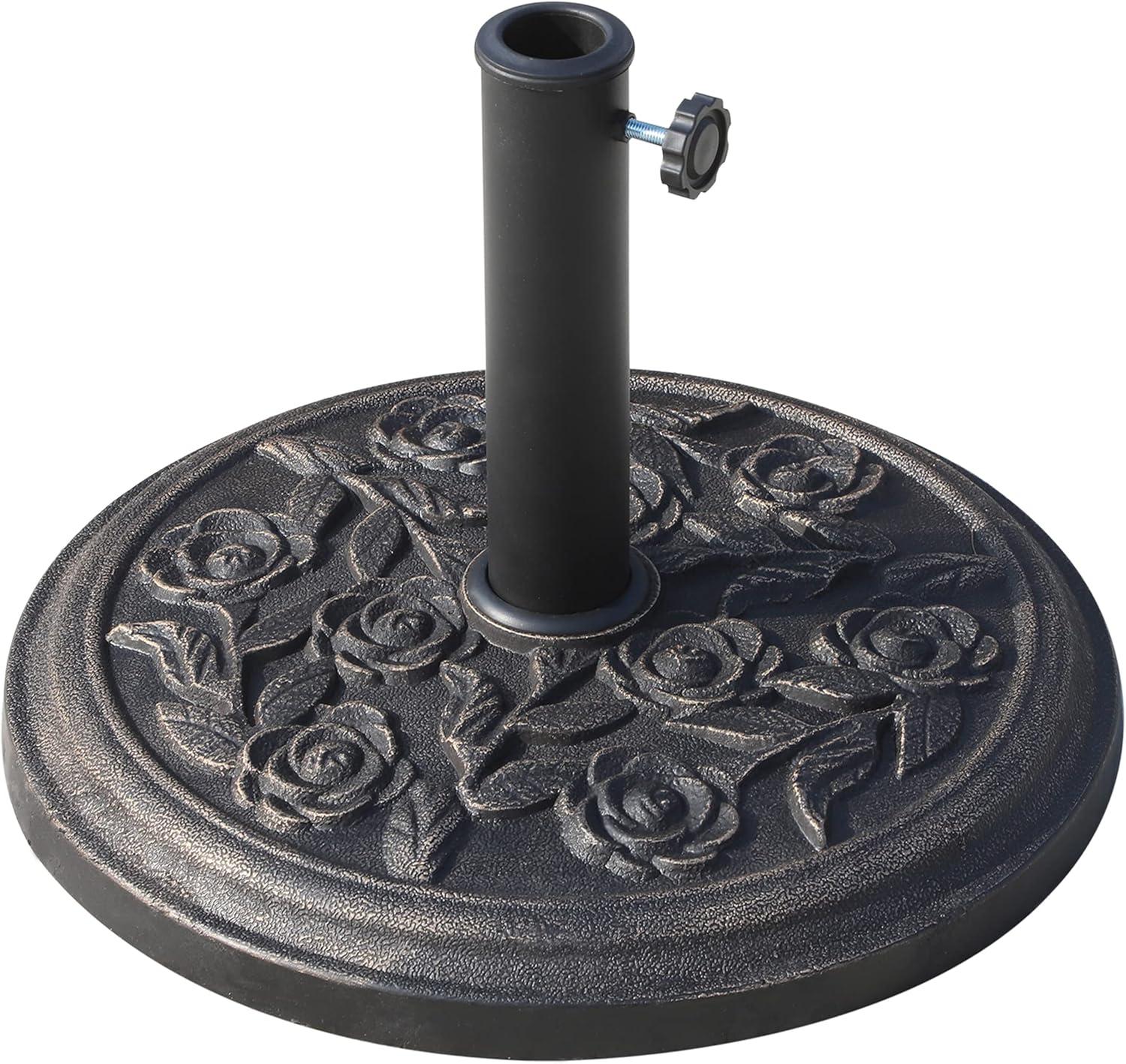 Outsunny 18" 20 lbs Round Resin Umbrella Base Stand Market Parasol Holder with Decorative Rose Floral Pattern & Easy Setup for Garden, Bronze