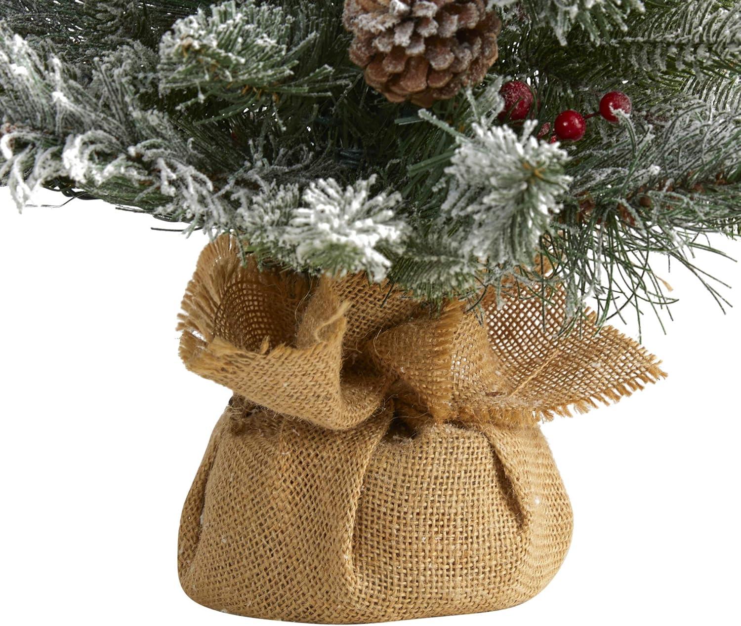 2ft Nearly Natural Pre-Lit Flocked Artificial Christmas Tree: Indoor Decor, Burlap Base