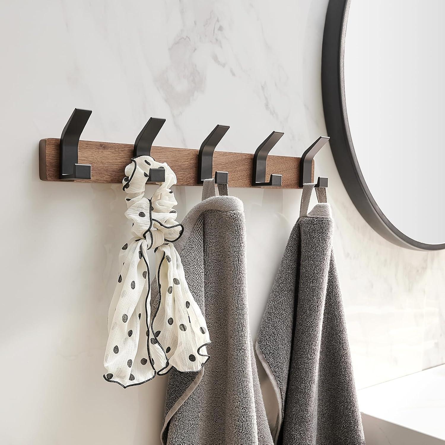 Walnut Wood Wall-Mounted Coat Rack with Black Aluminum Hooks