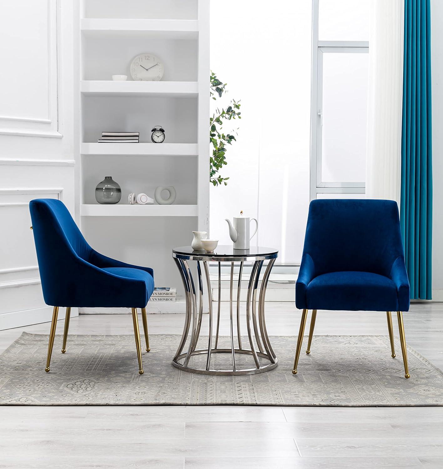 Home Beyond Velvet Upholstered Wing Back Parsons Chair with Golden Plated Legs, Accent Chairs with Contemporary Design for Living Room, Comfortable Armless Padded Chairs, Set of 2, VC-21B, Blue