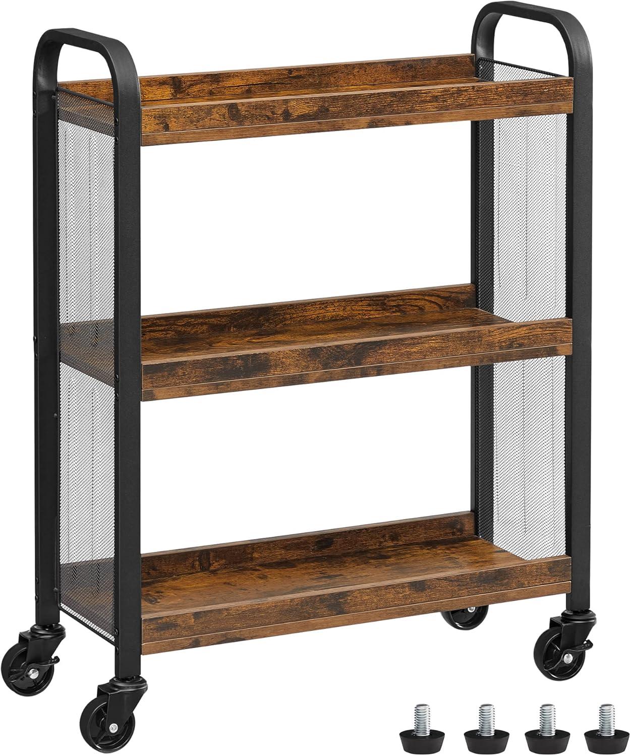 VASAGLE 3-Tier Narrow Storage Cart, Rolling Cart with Wheels, Steel Frame, Rustic Brown and Black