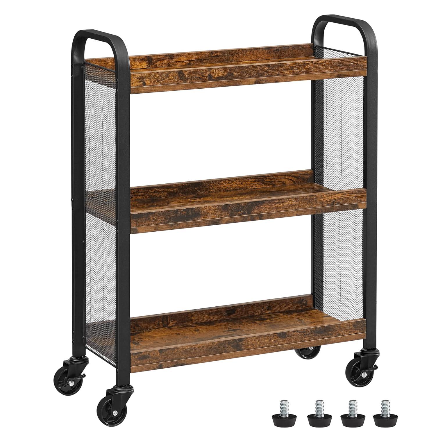 VASAGLE 3-Tier Narrow Storage Cart, Rolling Cart with Wheels, Steel Frame, Rustic Brown and Black