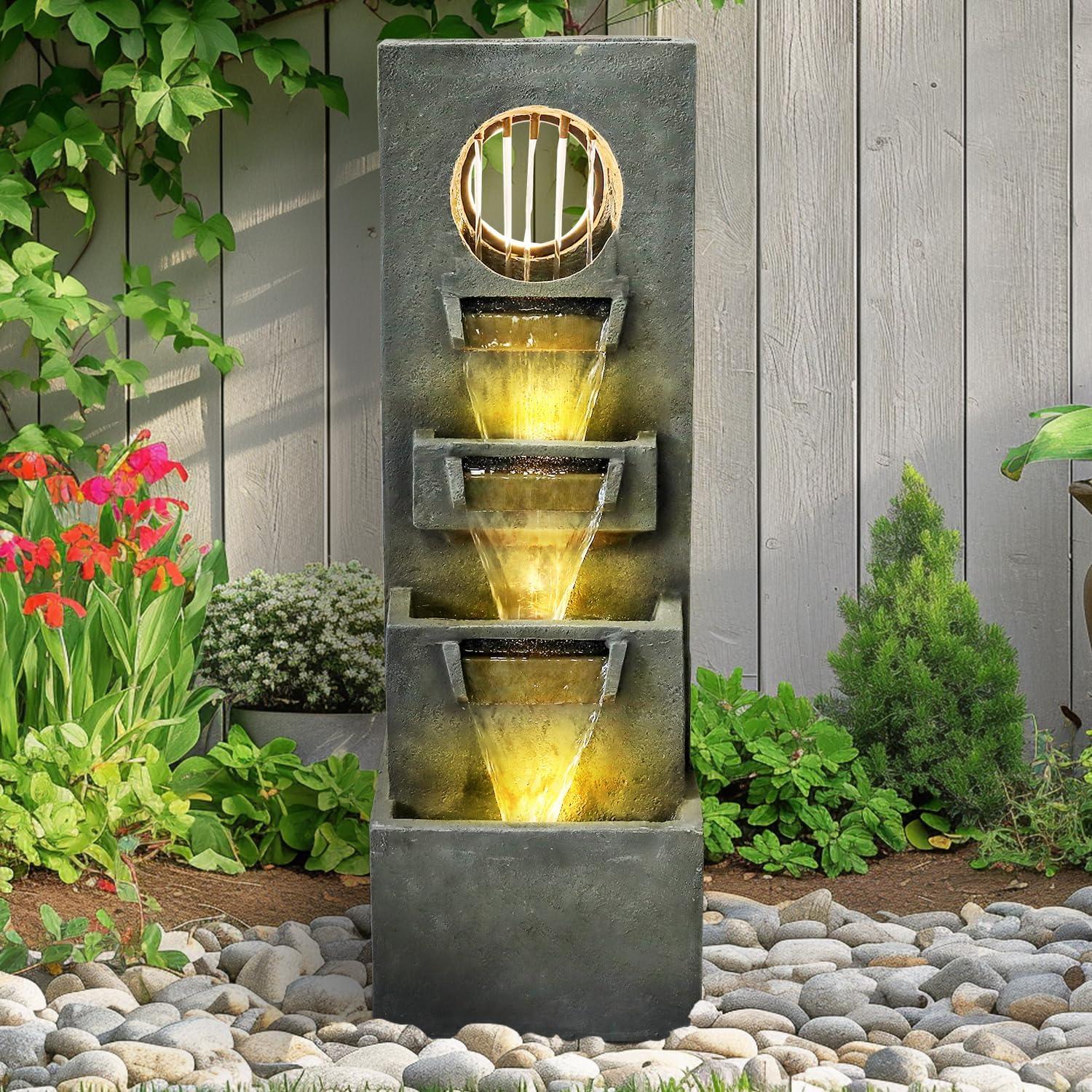 39.3-in High Floor Waterfall Fountain with LED Lights 5-Tier Water Fountain Outdoor Indoor Fiber Reinforced Concrete Fountain for Modern Patio Decor Garden, House, Office, Garden, Home Art Decor