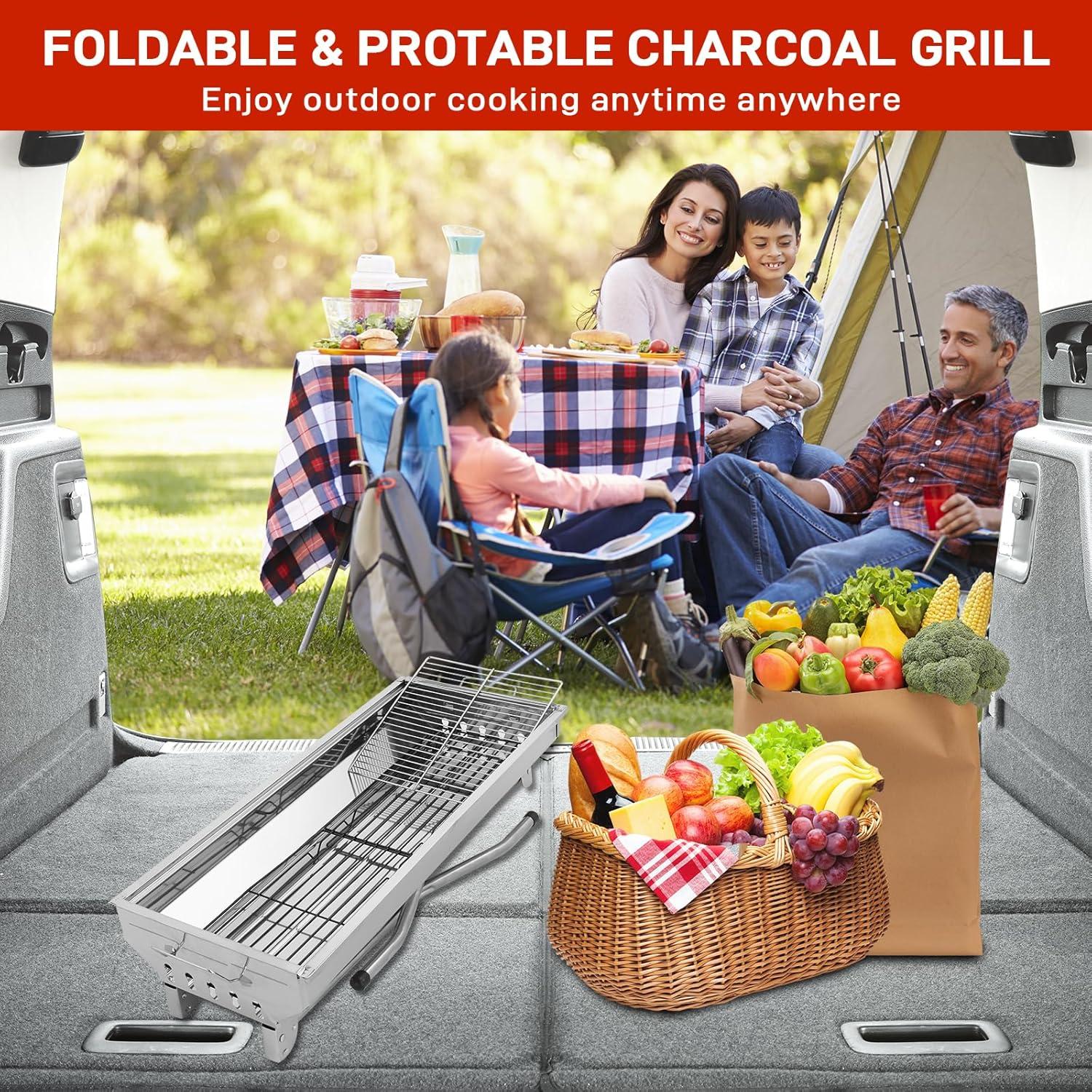 Portable Charcoal Grill, 28x 13 x 27" Foldable Barbecue Grill, Stainless Steel BBQ Grill for Outdoor Cooking Camping Hiking Picnic Garden Beach Party